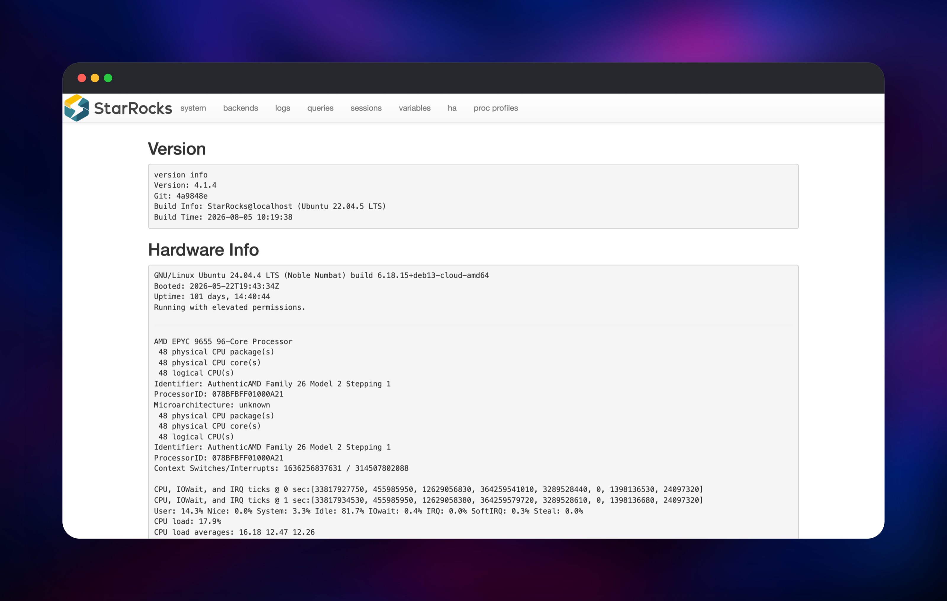 StarRocks cluster page reporting version 4.1.4 and host CPU details