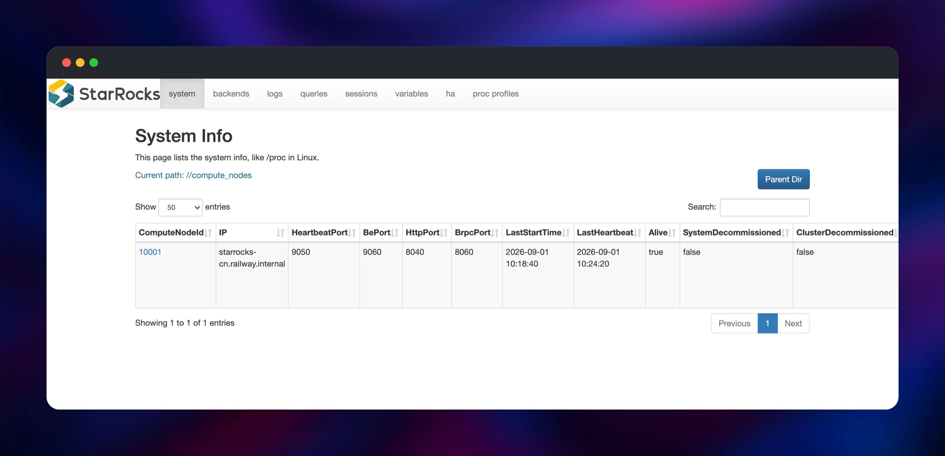 StarRocks compute node listed alive with its private hostname and ports