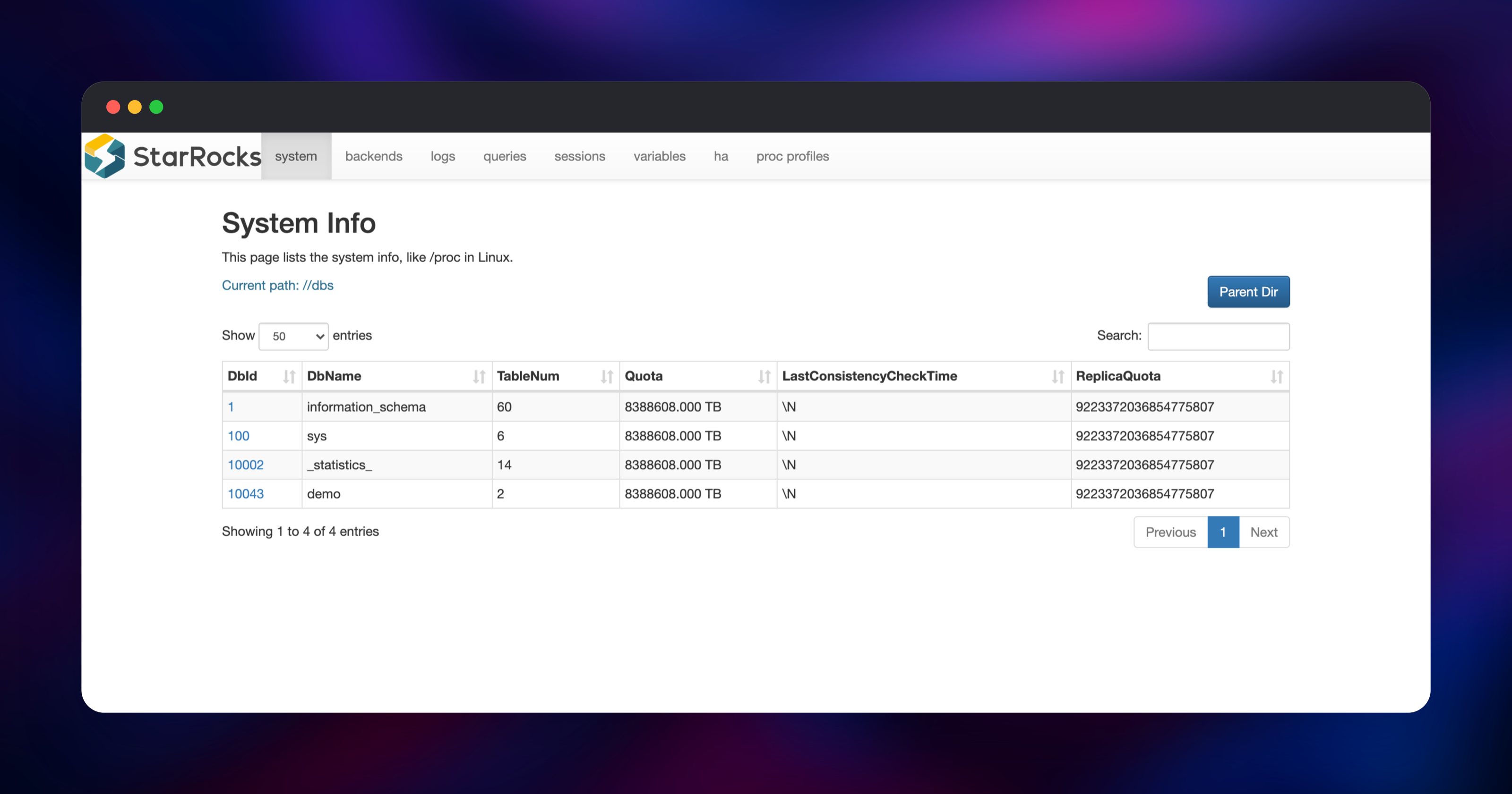 StarRocks database listing with the demo database and its two tables