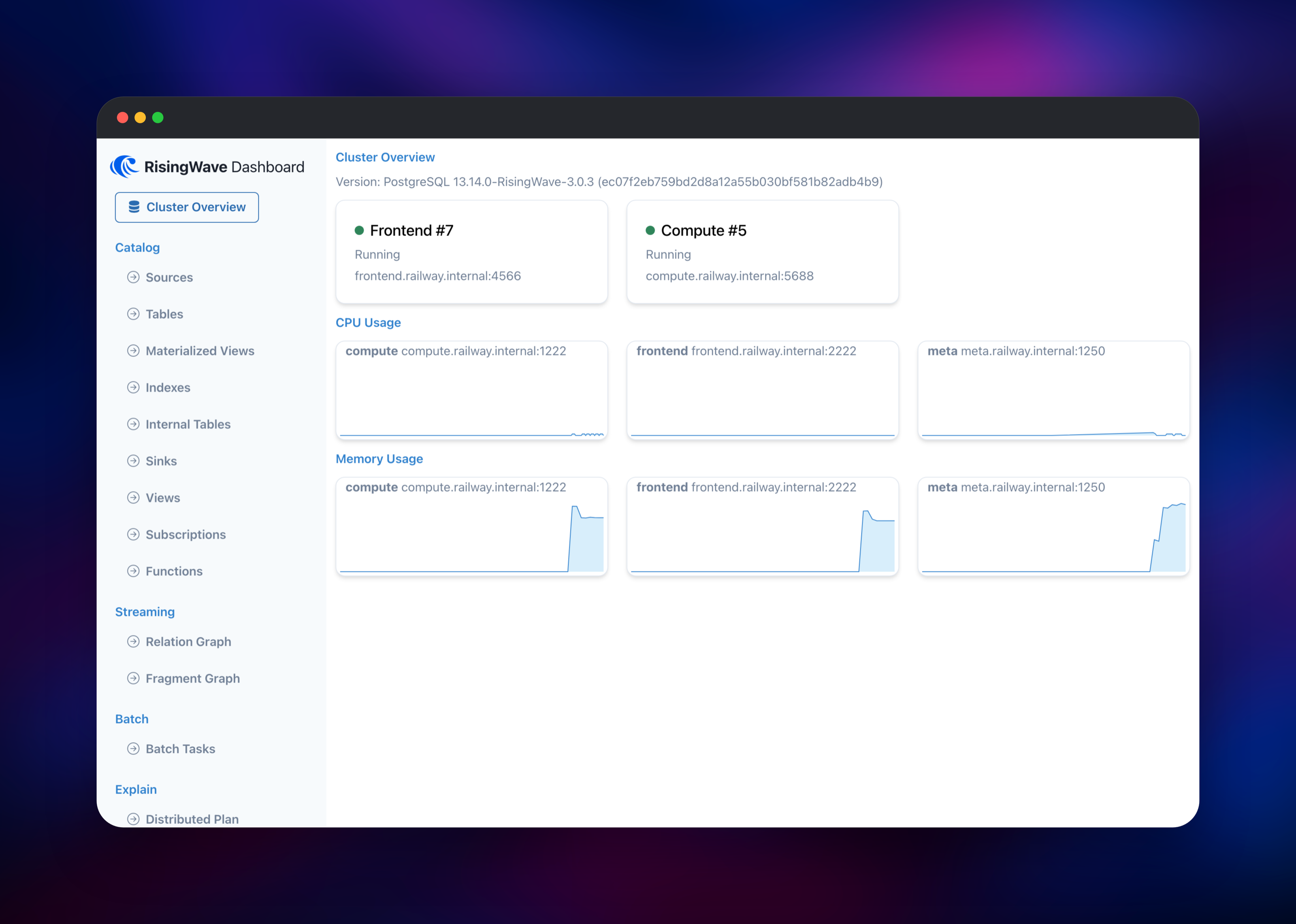 RisingWave cluster overview with live node CPU and memory charts