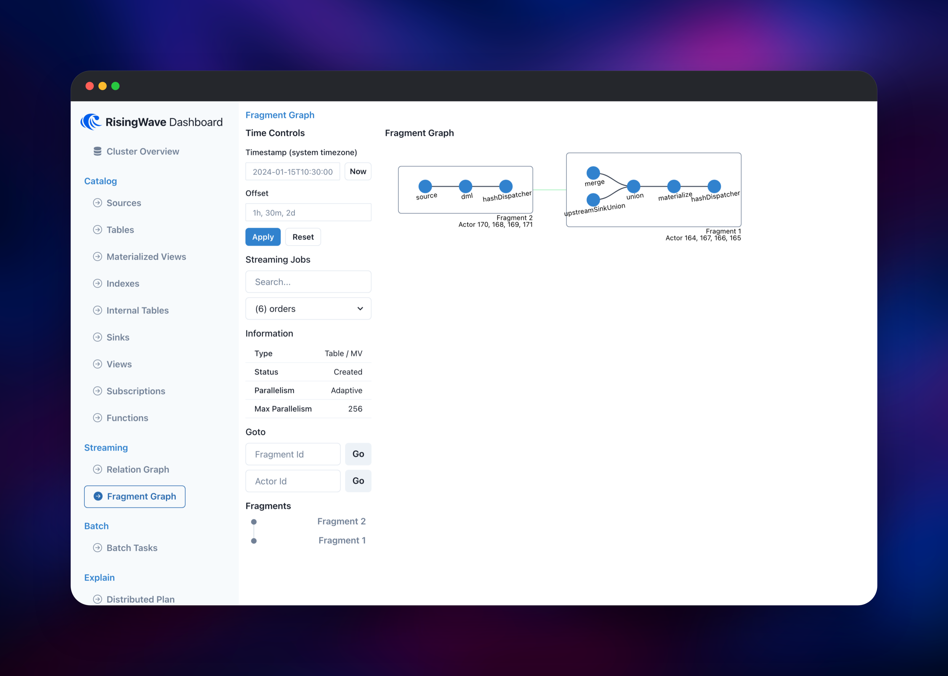Streaming fragment graph for the orders materialized view job