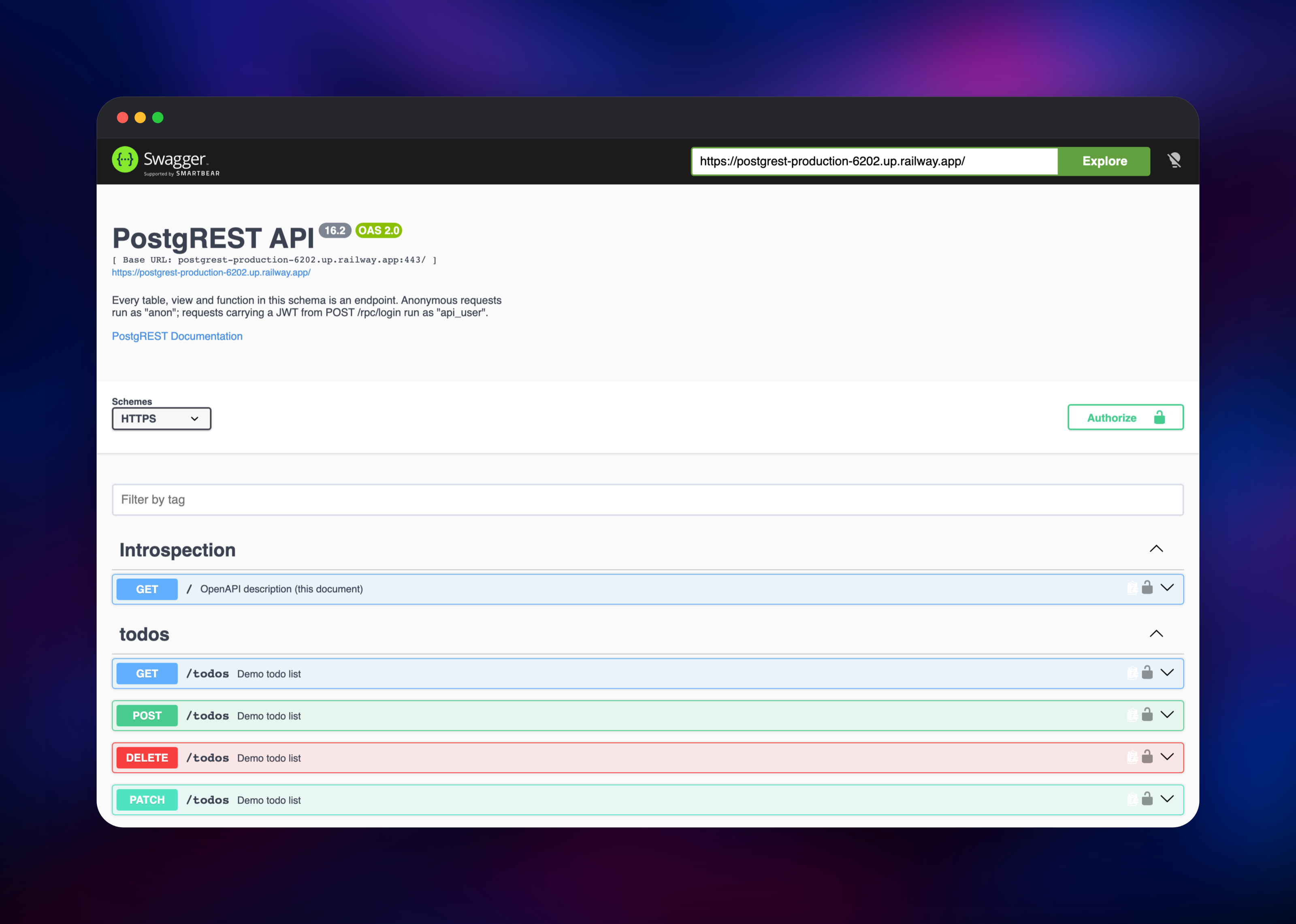 Swagger UI listing the PostgREST endpoints generated from the schema