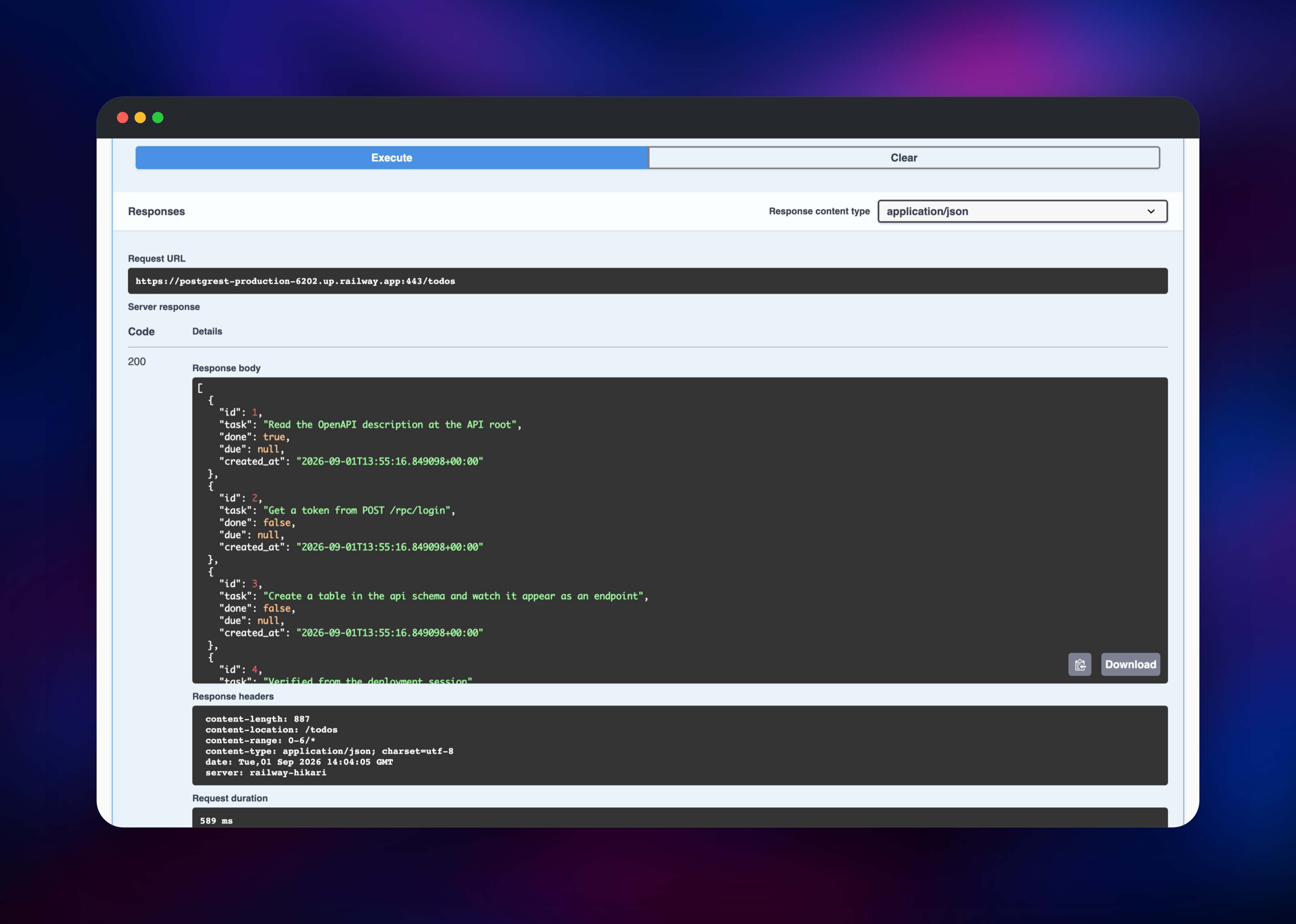 Anonymous GET /todos returning JSON rows from Postgres