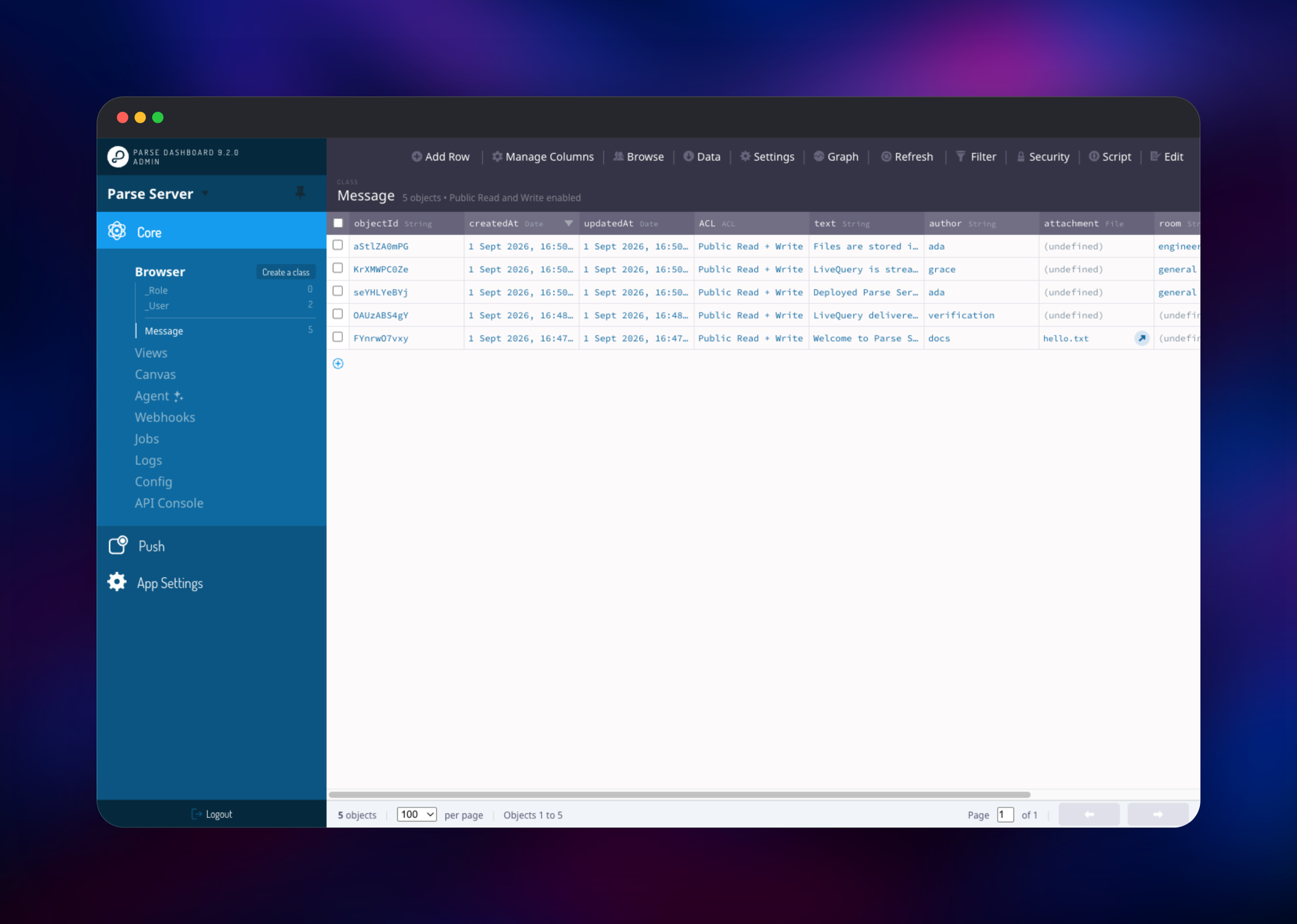 Parse Dashboard data browser listing Message rows with a file attachment