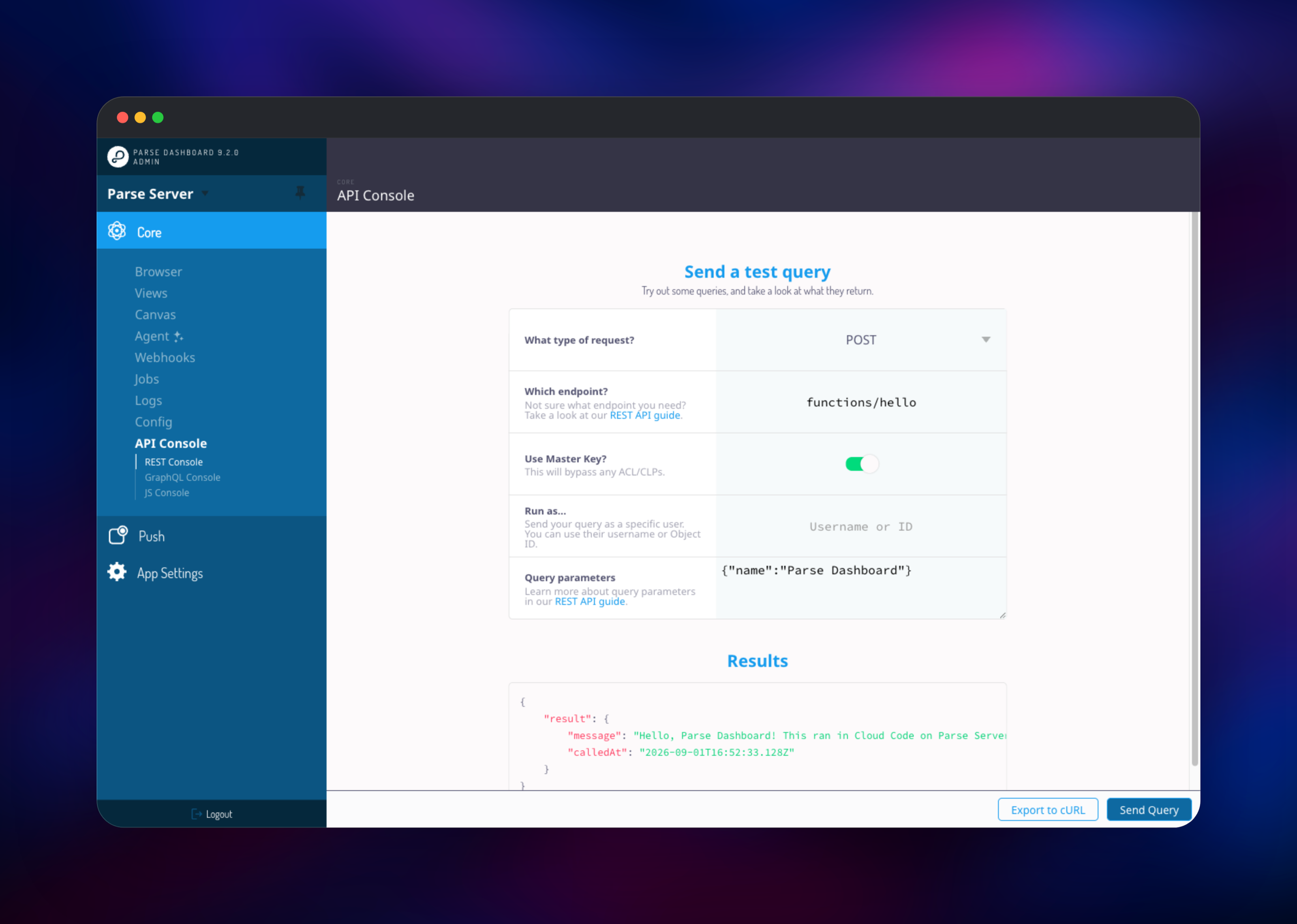 Parse Dashboard REST console returning a Cloud Code function result