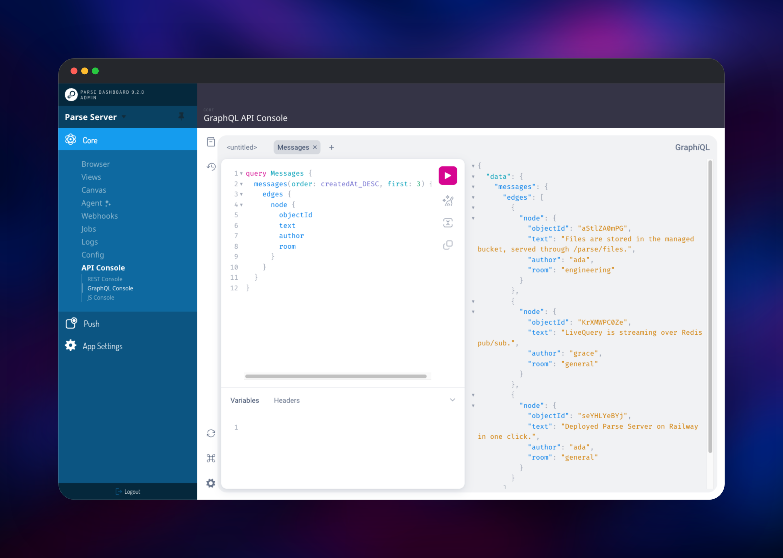 Parse Dashboard GraphQL console querying recent Message objects