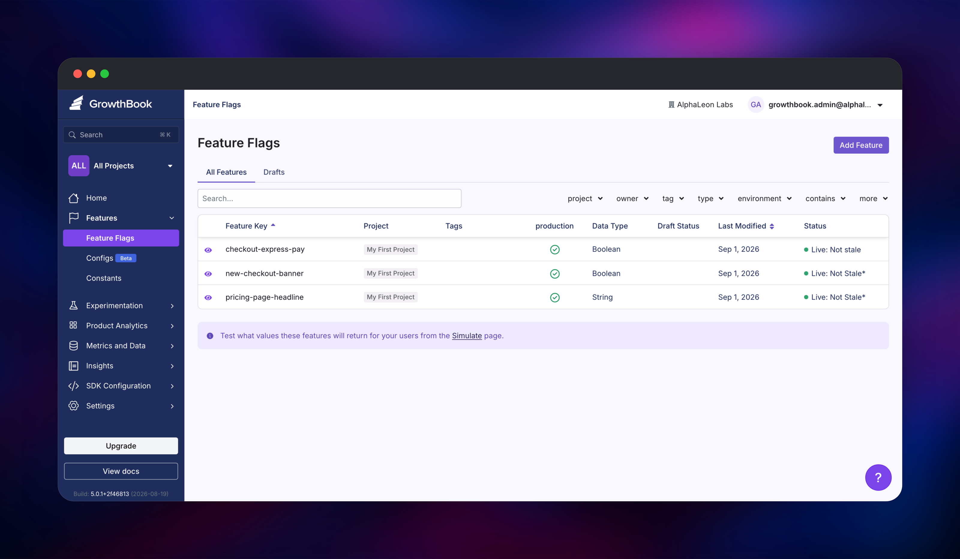 GrowthBook feature flag list with three live flags
