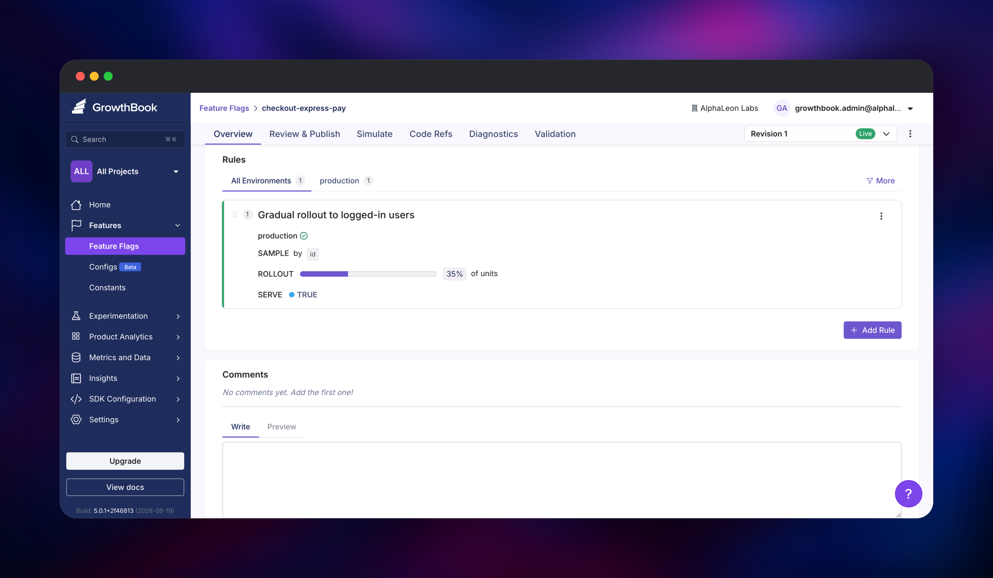 Feature flag serving a 35 percent gradual rollout rule