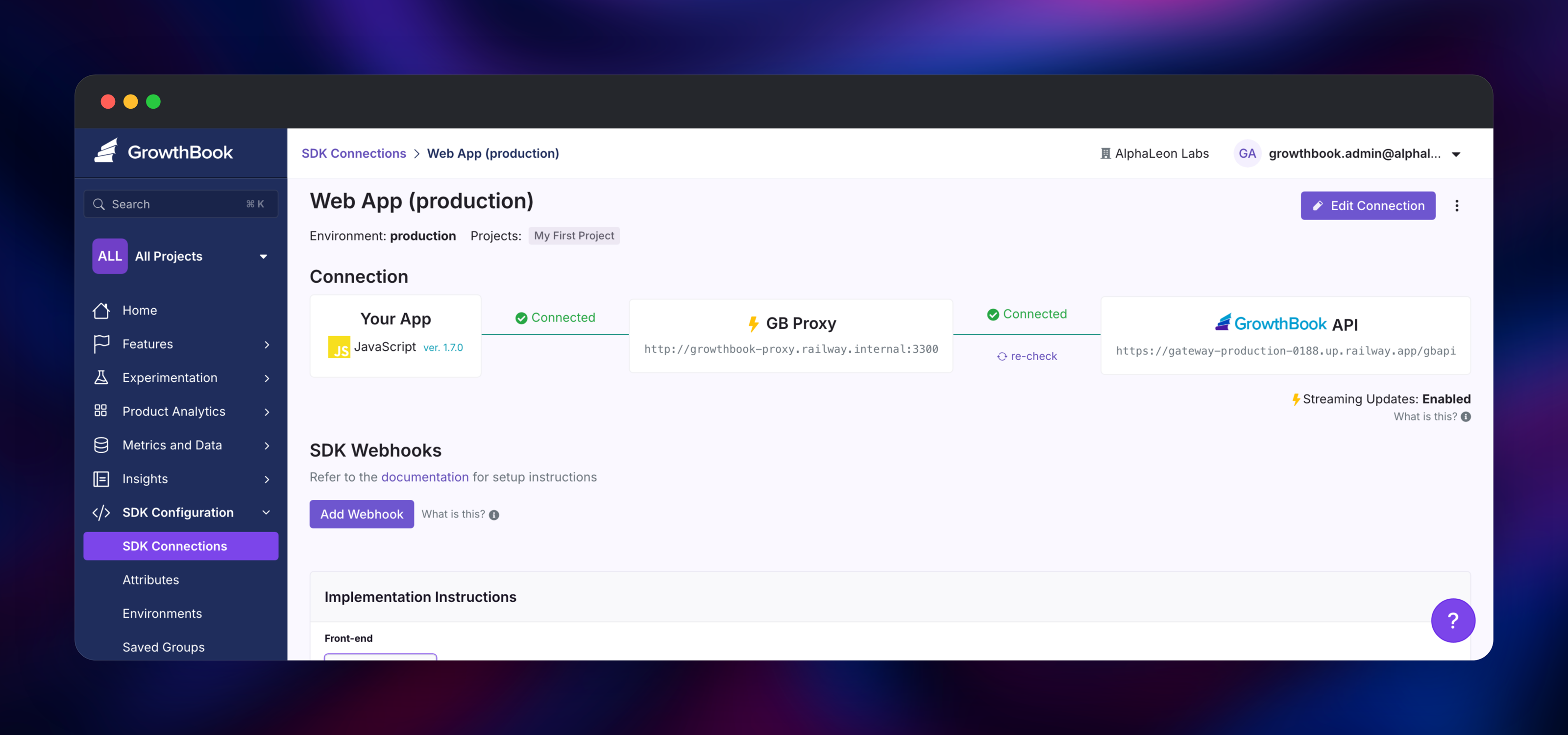 SDK connection routed through the GrowthBook Proxy