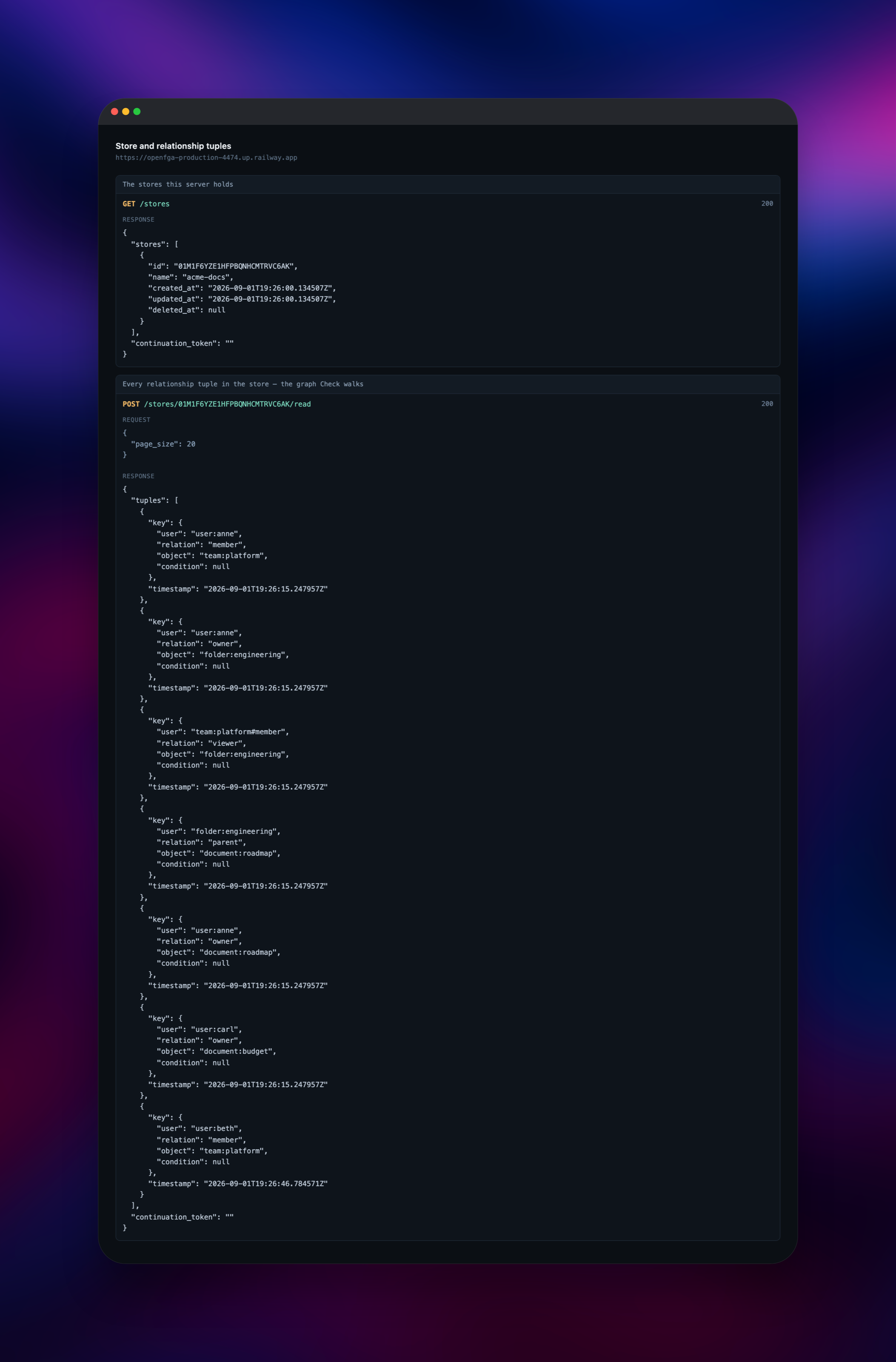 OpenFGA store listing and its seven relationship tuples