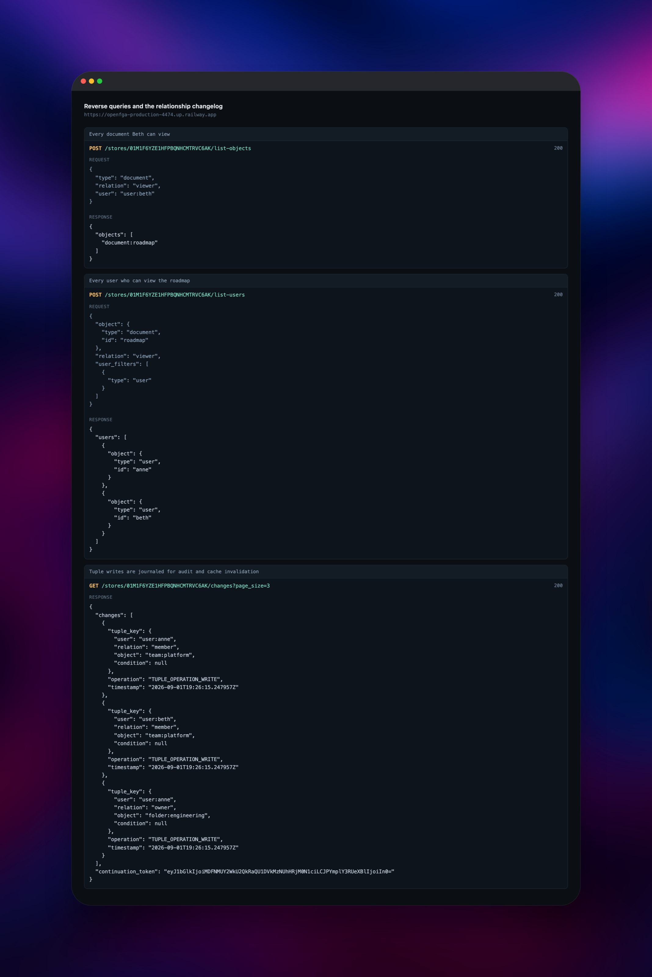 ListObjects, ListUsers and the tuple changelog responses