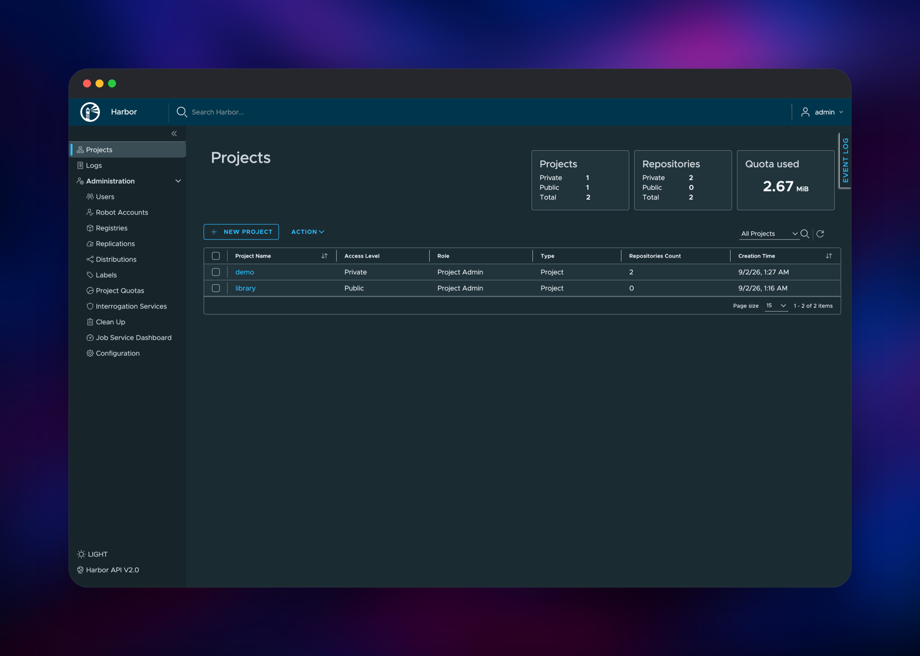 Harbor projects list with repository counts and quota used