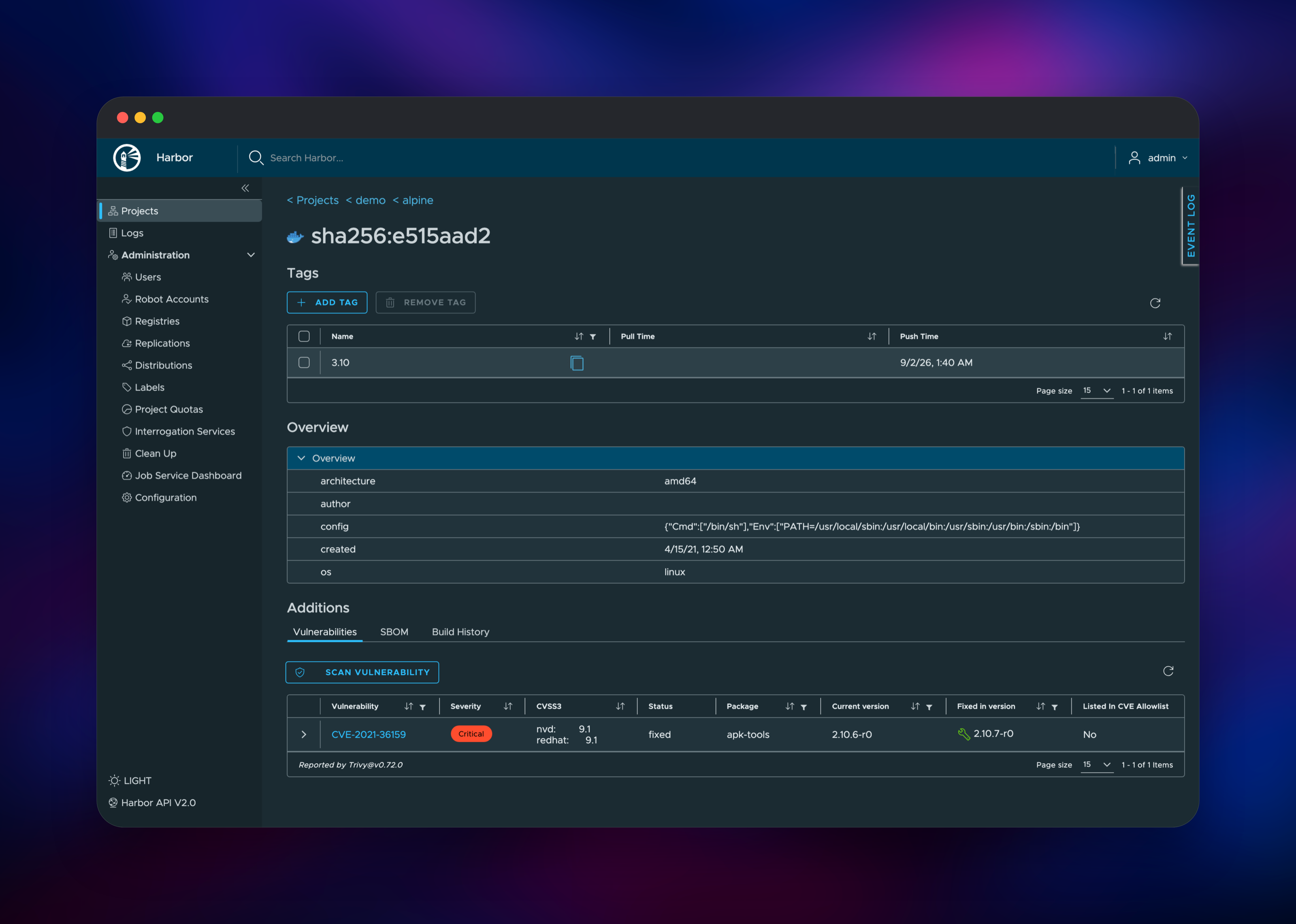 Harbor vulnerability report naming CVE-2021-36159 in apk-tools