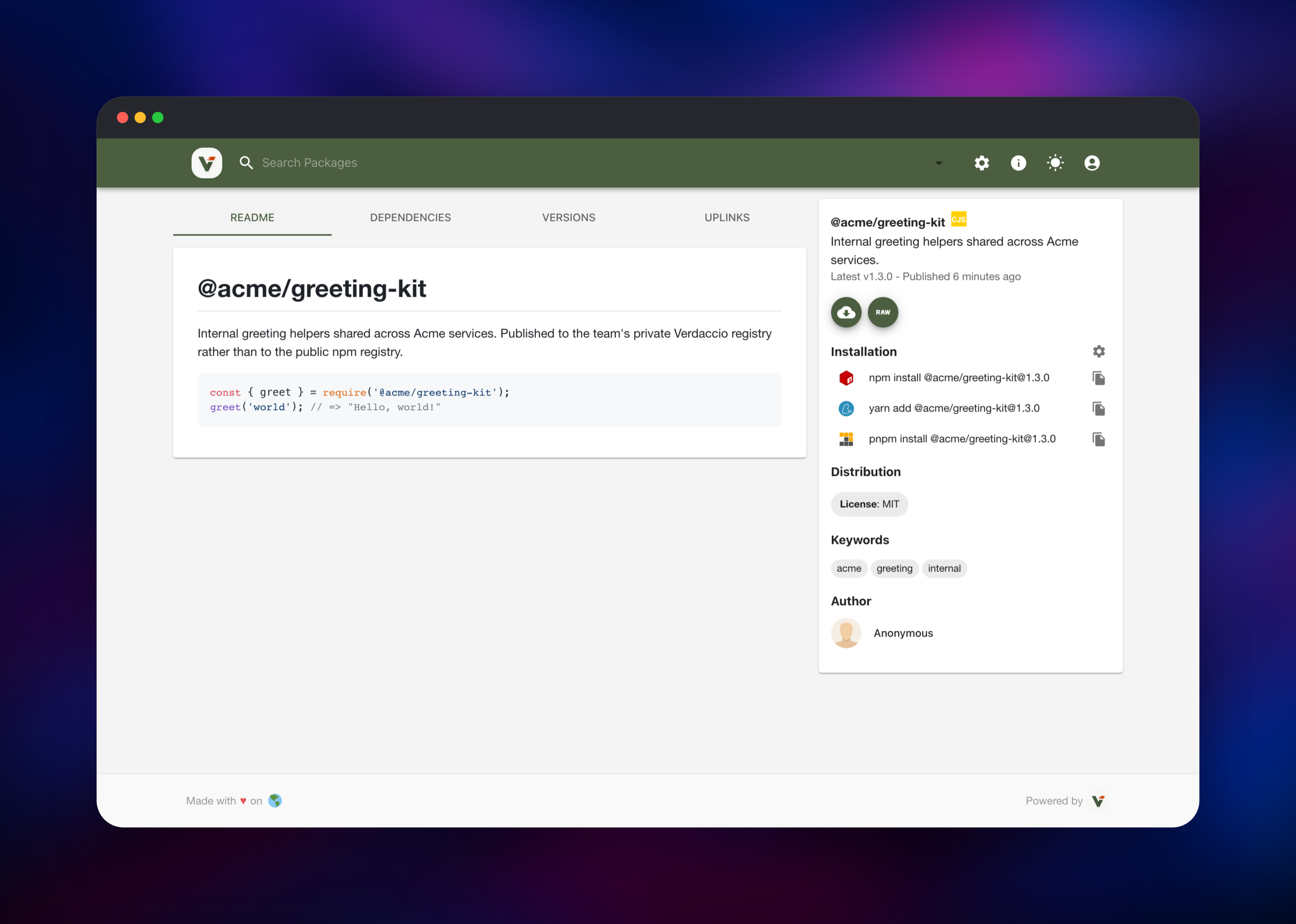 Verdaccio package page showing its readme and install commands