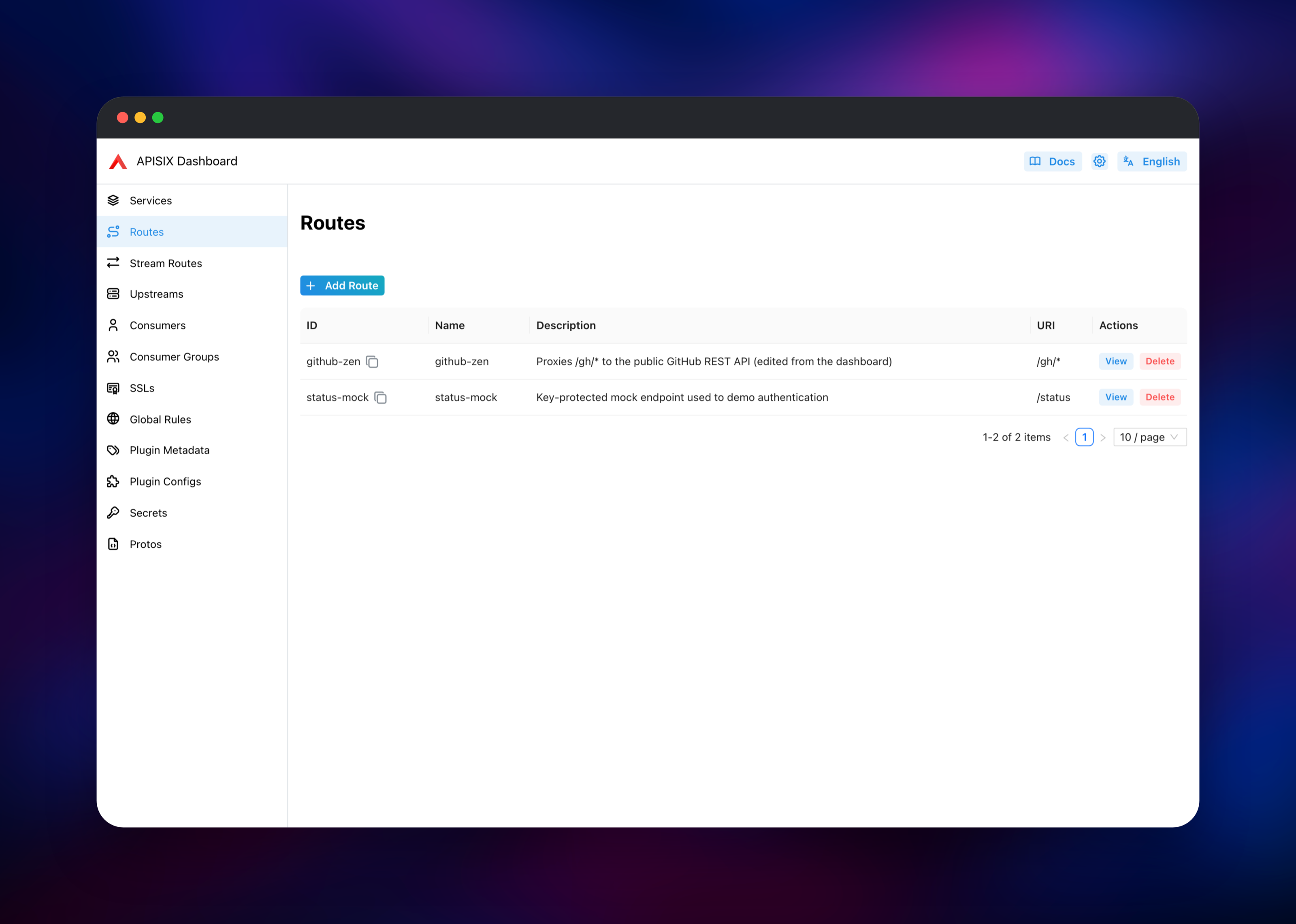 APISIX Dashboard listing two configured gateway routes