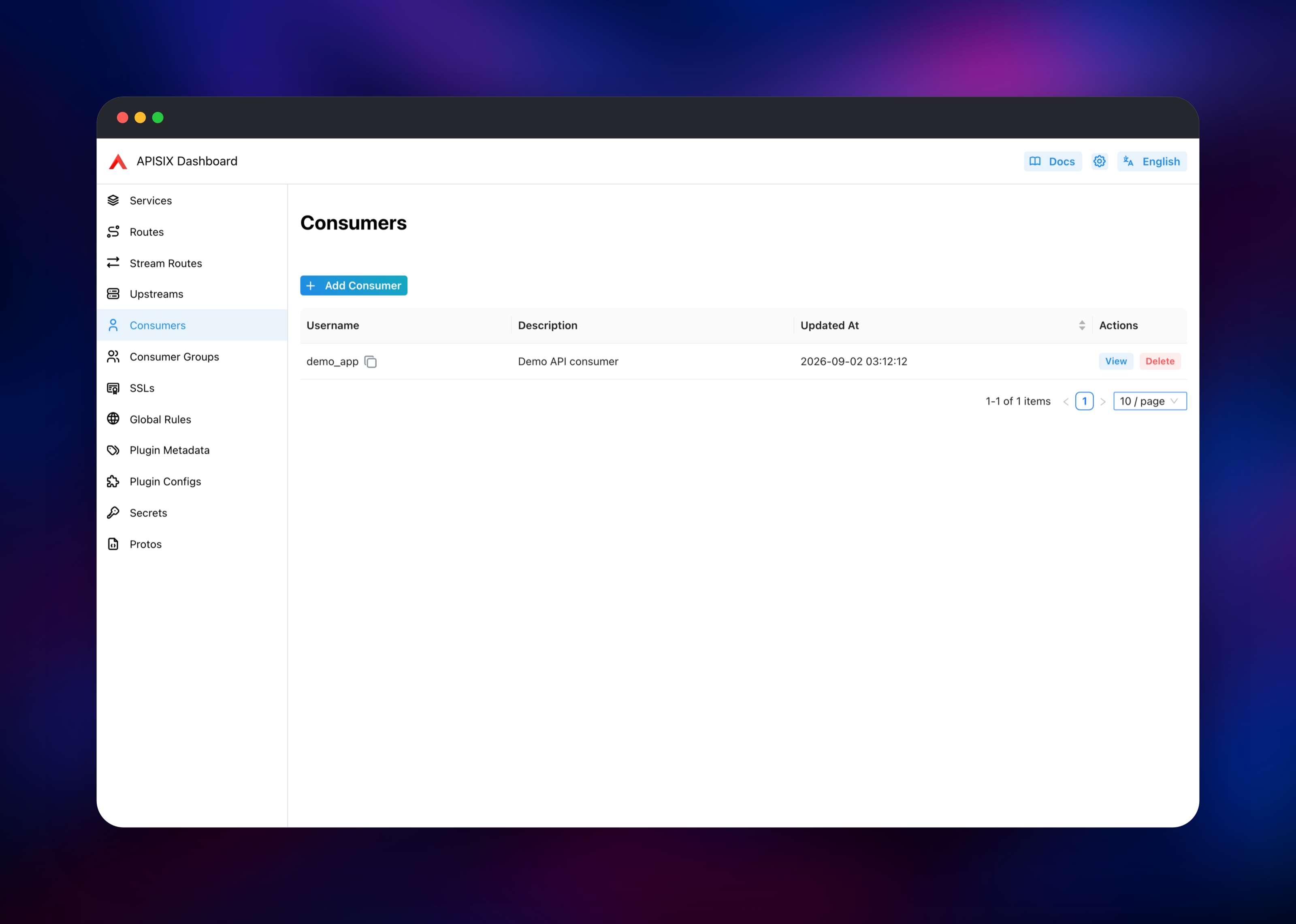 APISIX Dashboard showing an API consumer with key authentication
