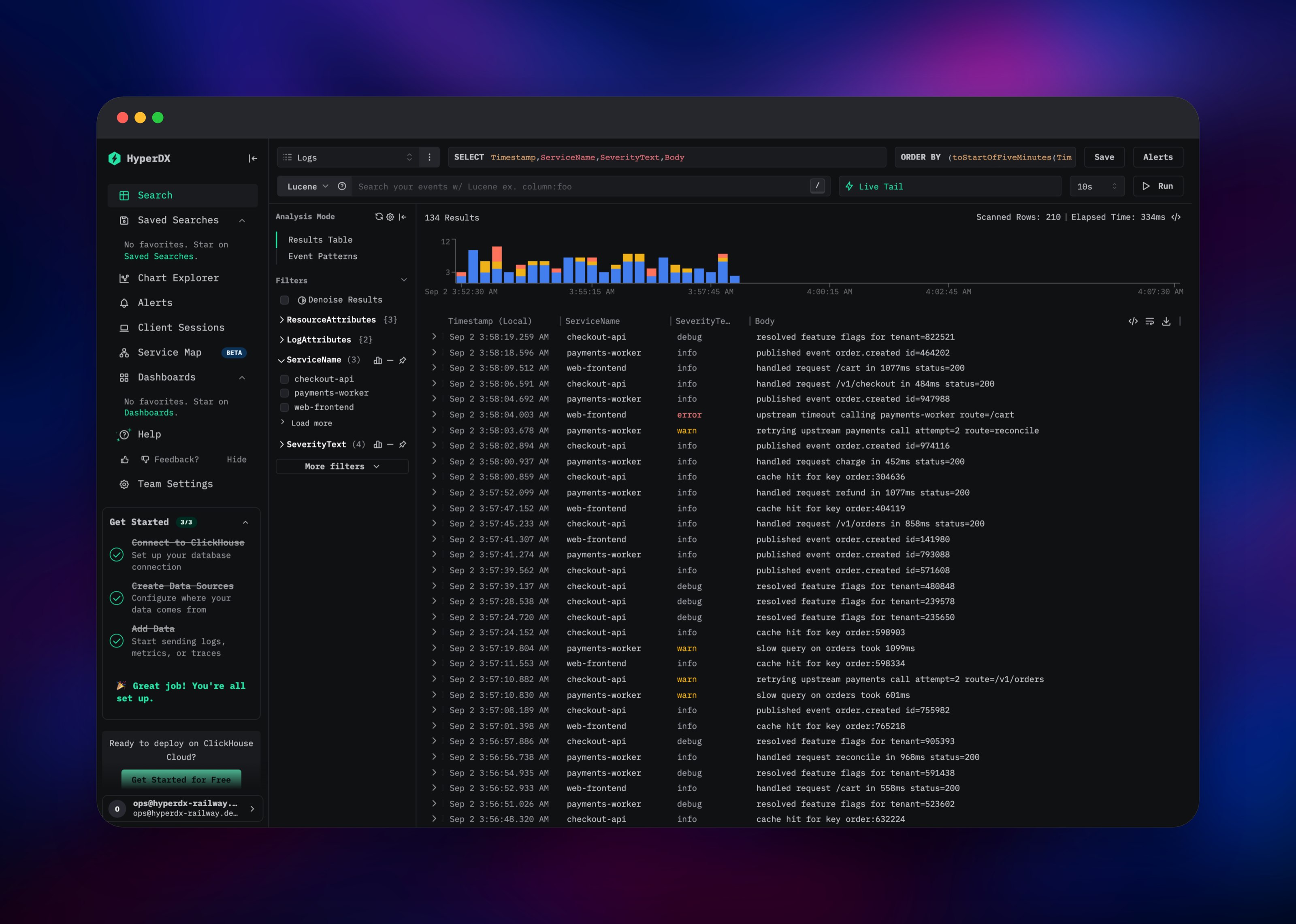HyperDX log search listing events from three instrumented services