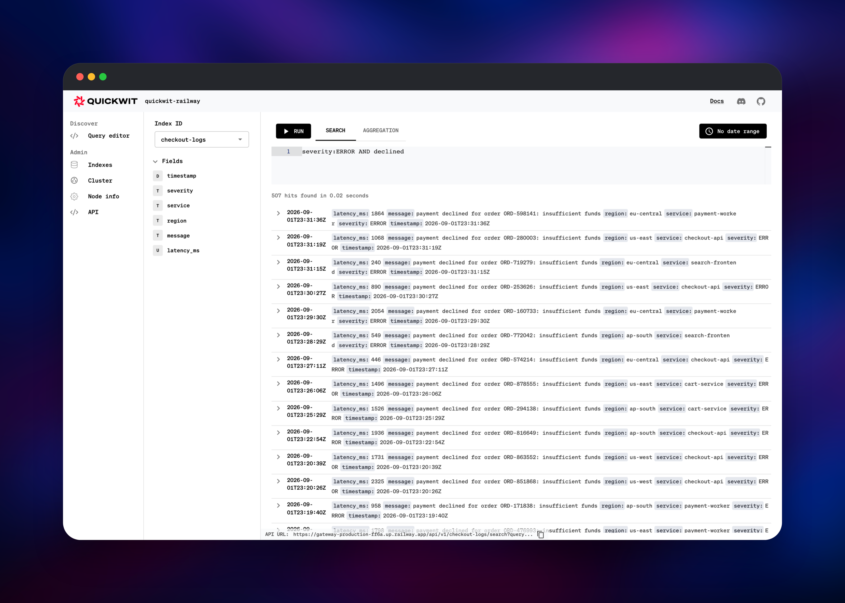 Quickwit query editor showing 507 matching payment error logs