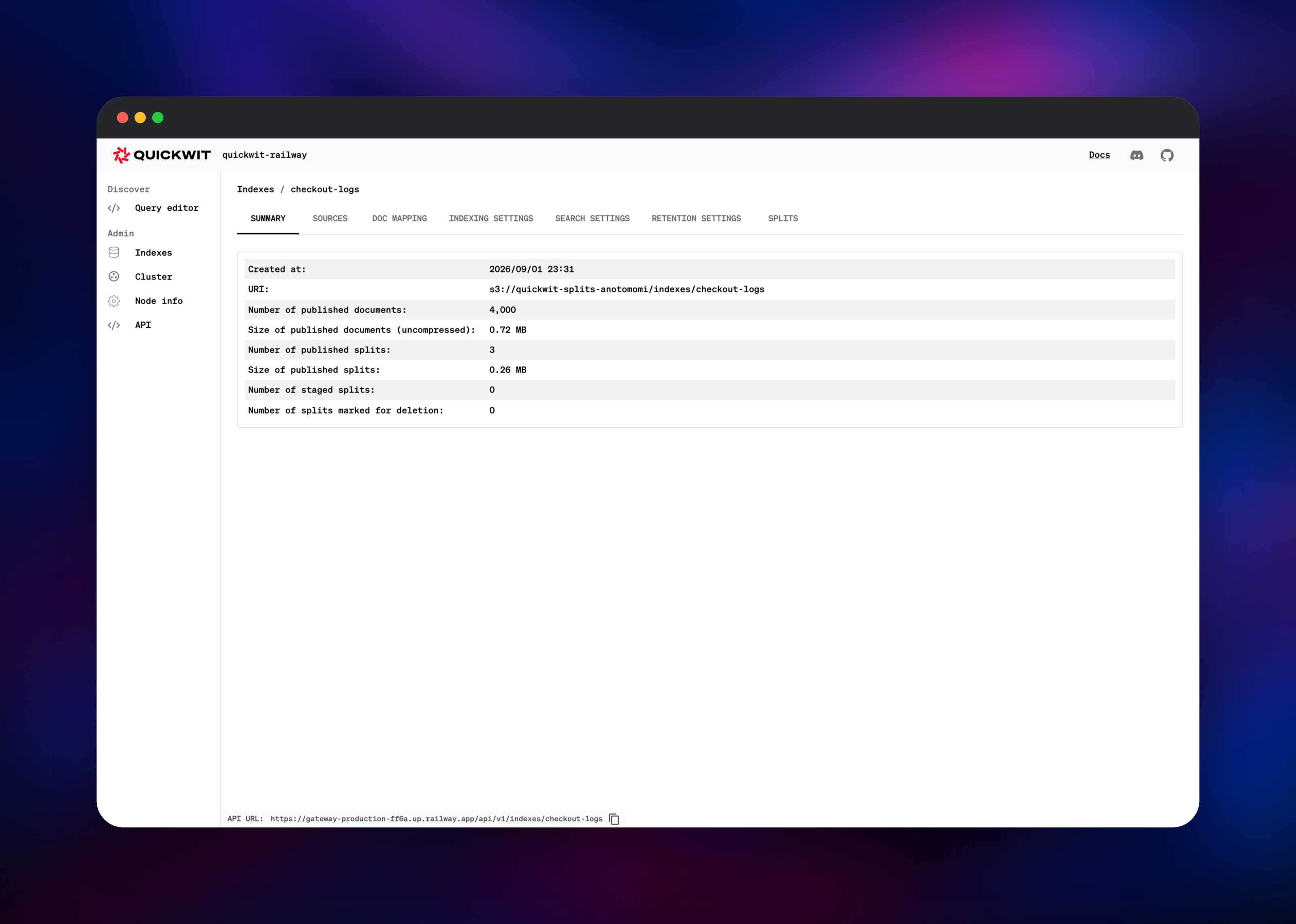 Quickwit index summary with 4000 documents on object storage