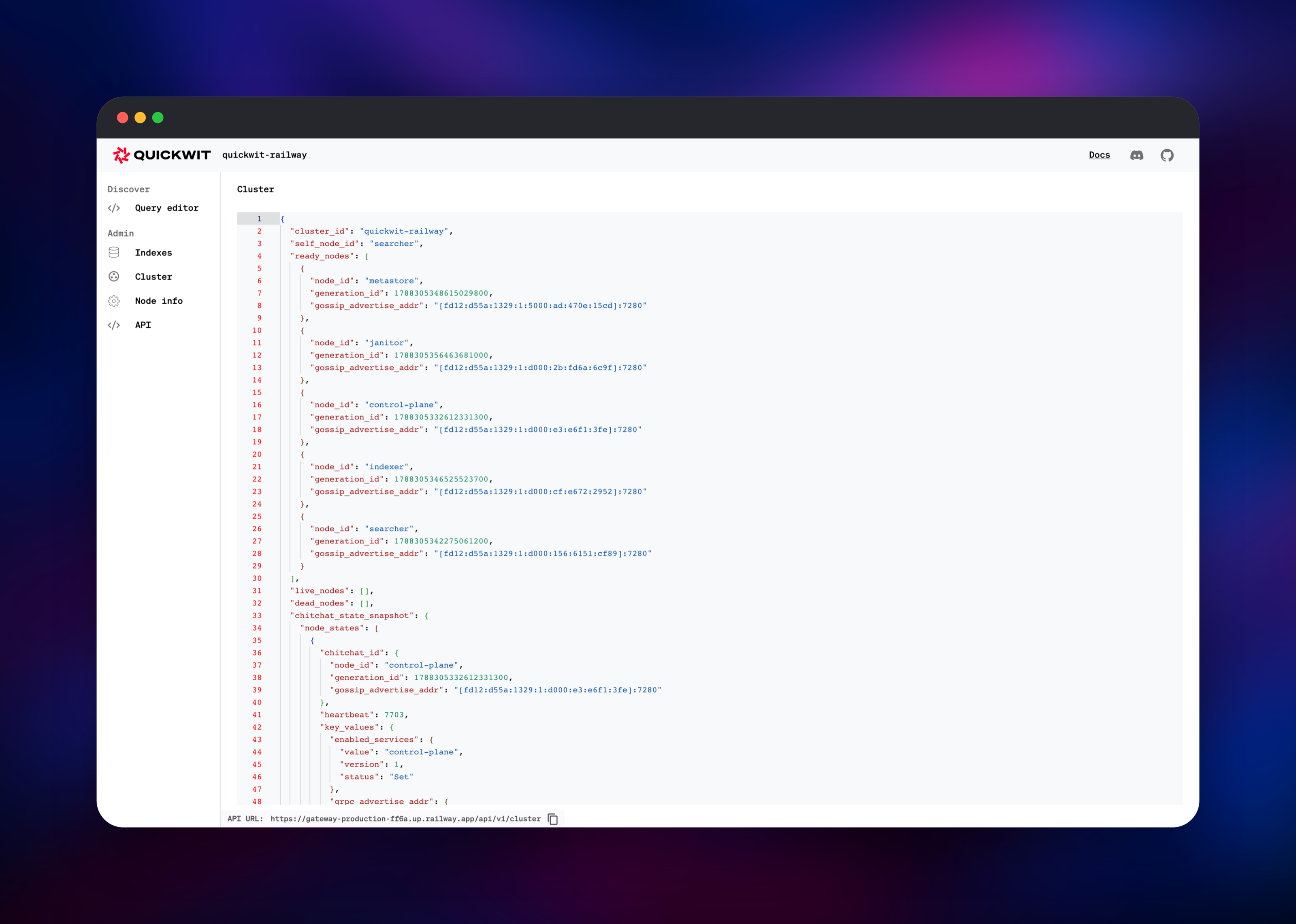 Quickwit cluster page listing all five ready nodes
