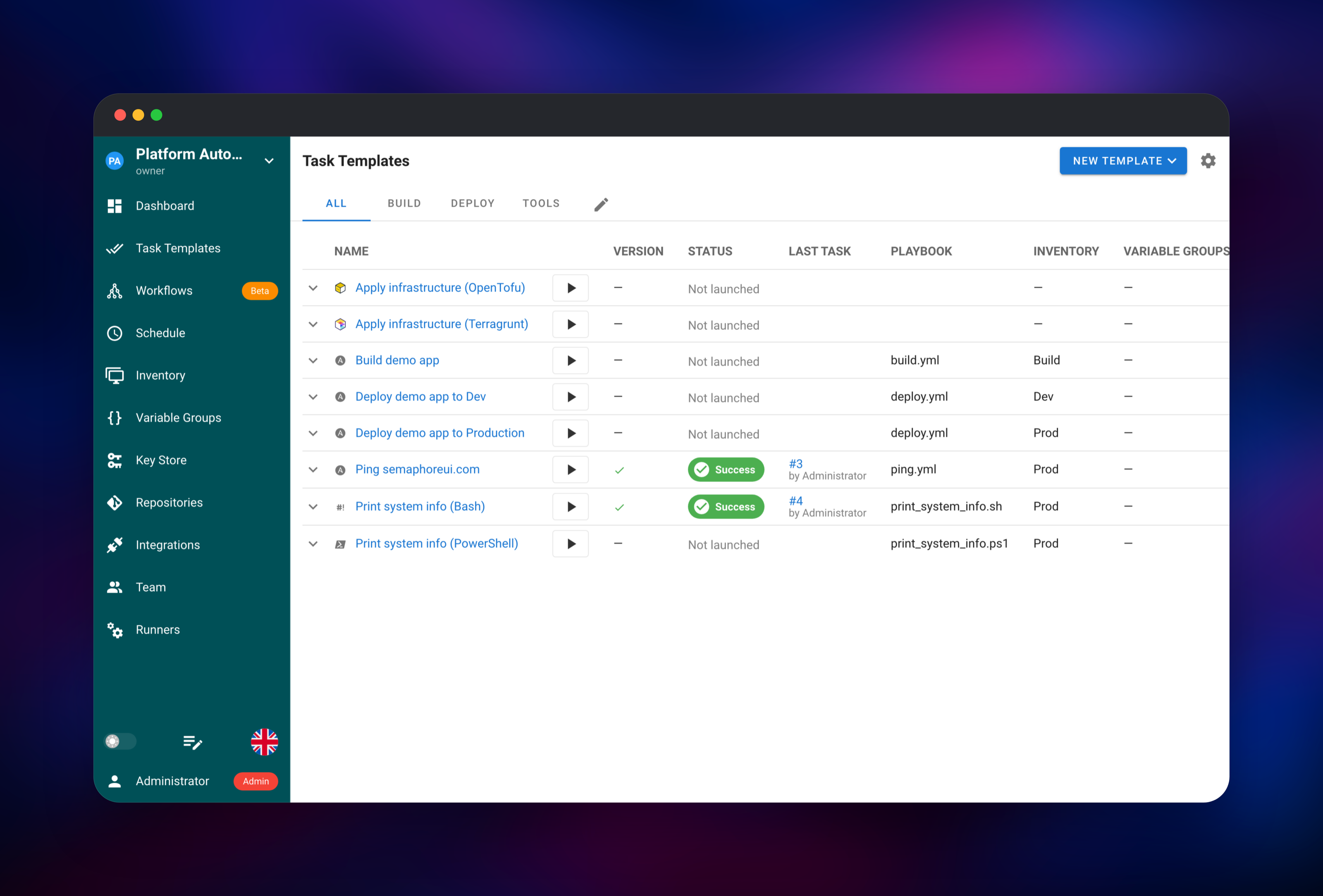 Semaphore task templates for Ansible, OpenTofu and Terragrunt