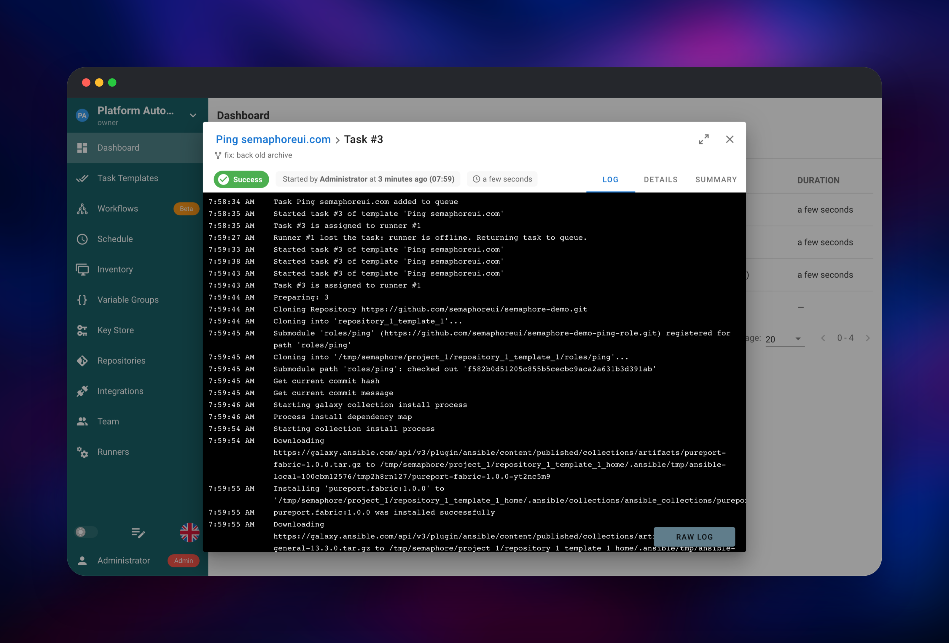 Live Ansible playbook log streaming from a Semaphore runner