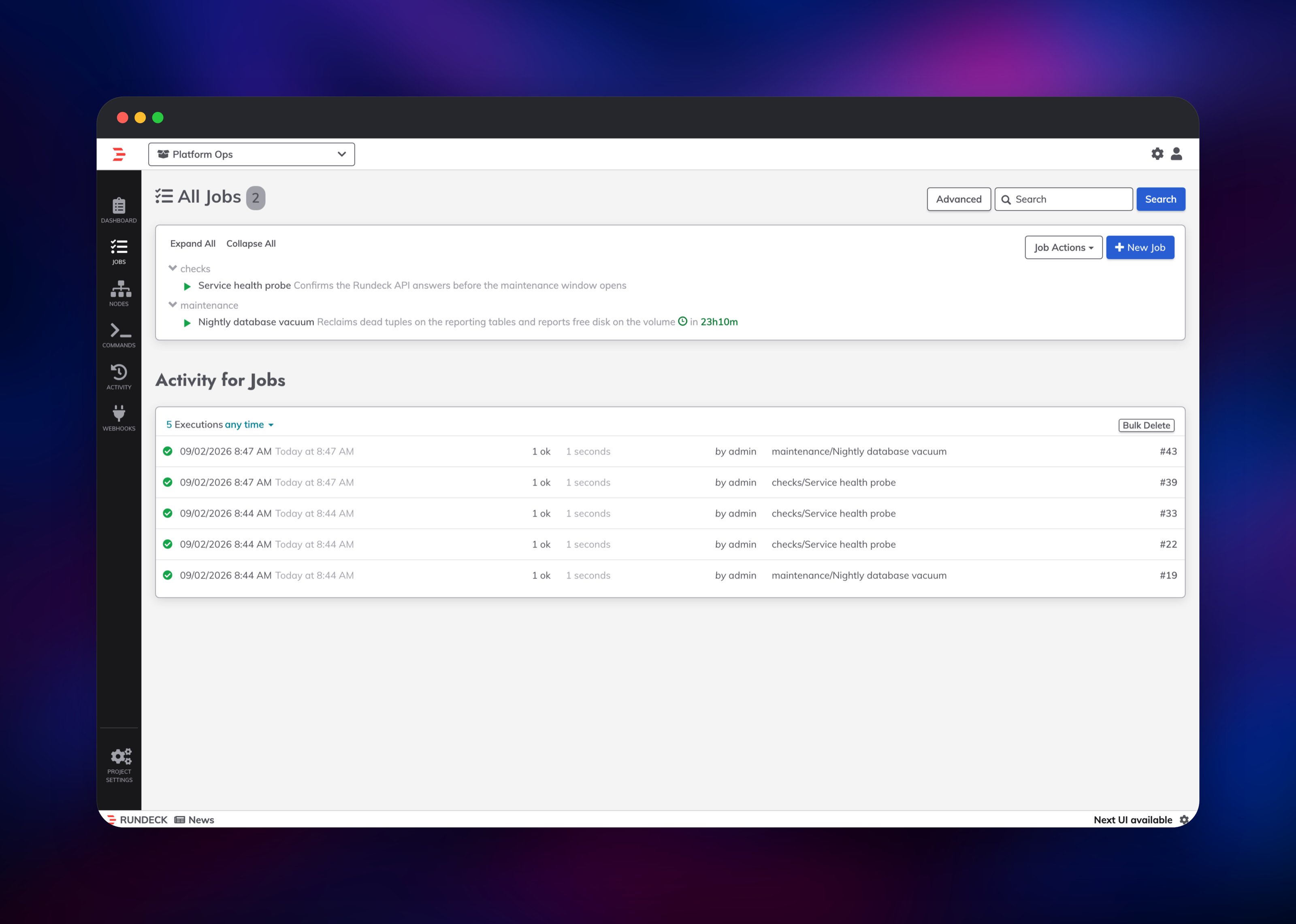 Rundeck job list beside five successful execution records