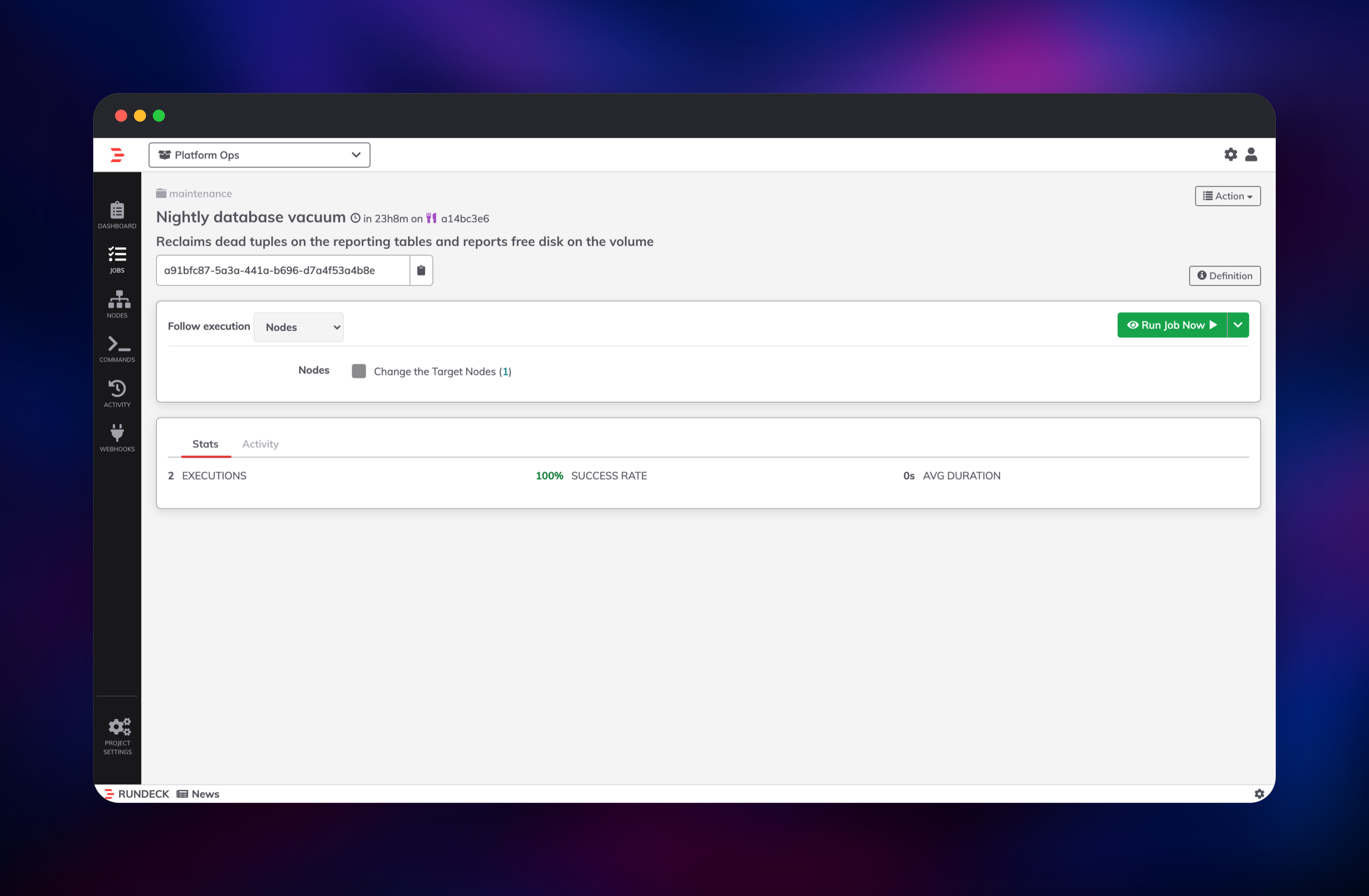 Rundeck job page showing its schedule and success rate