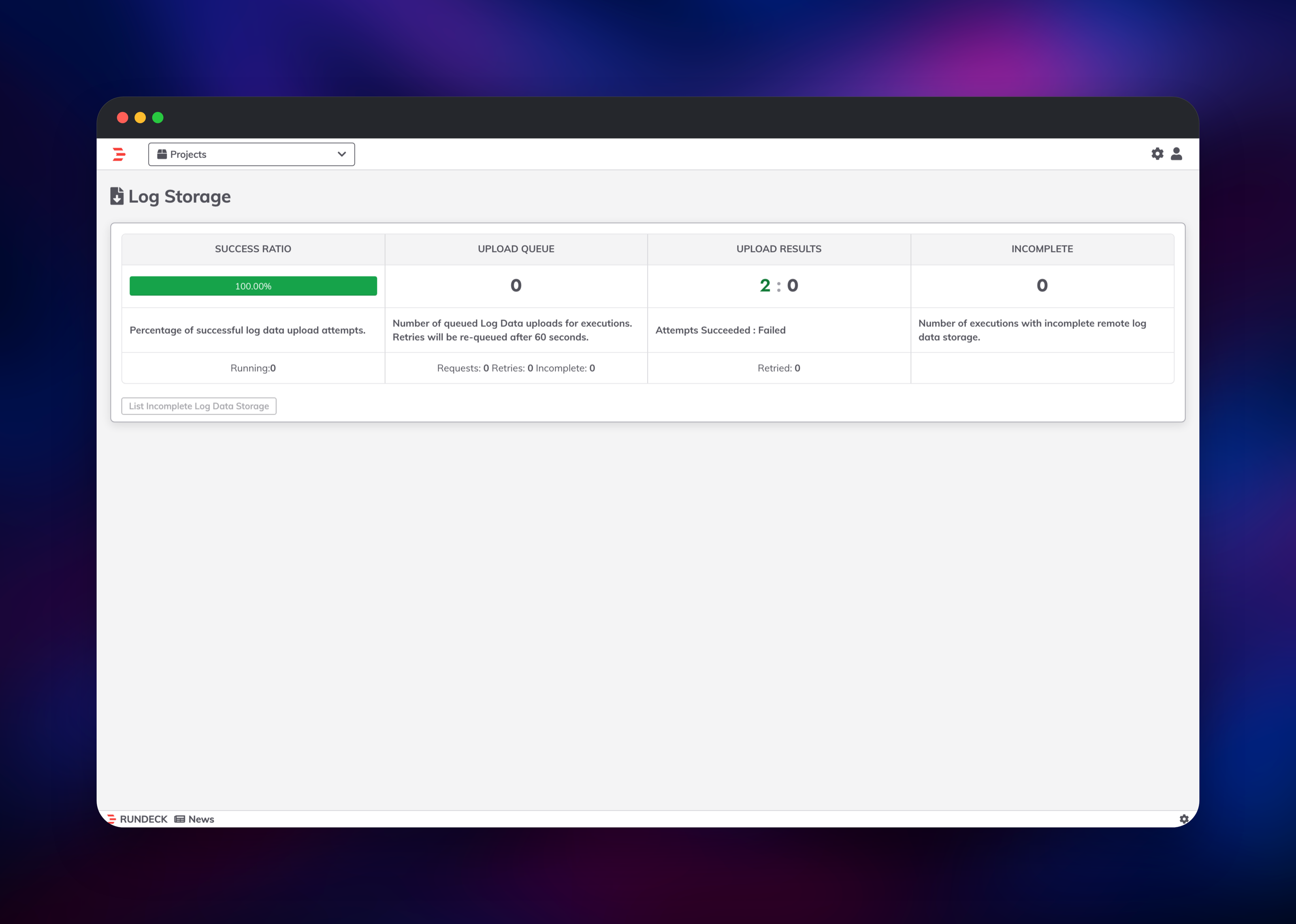 Rundeck log storage page reporting all uploads succeeded