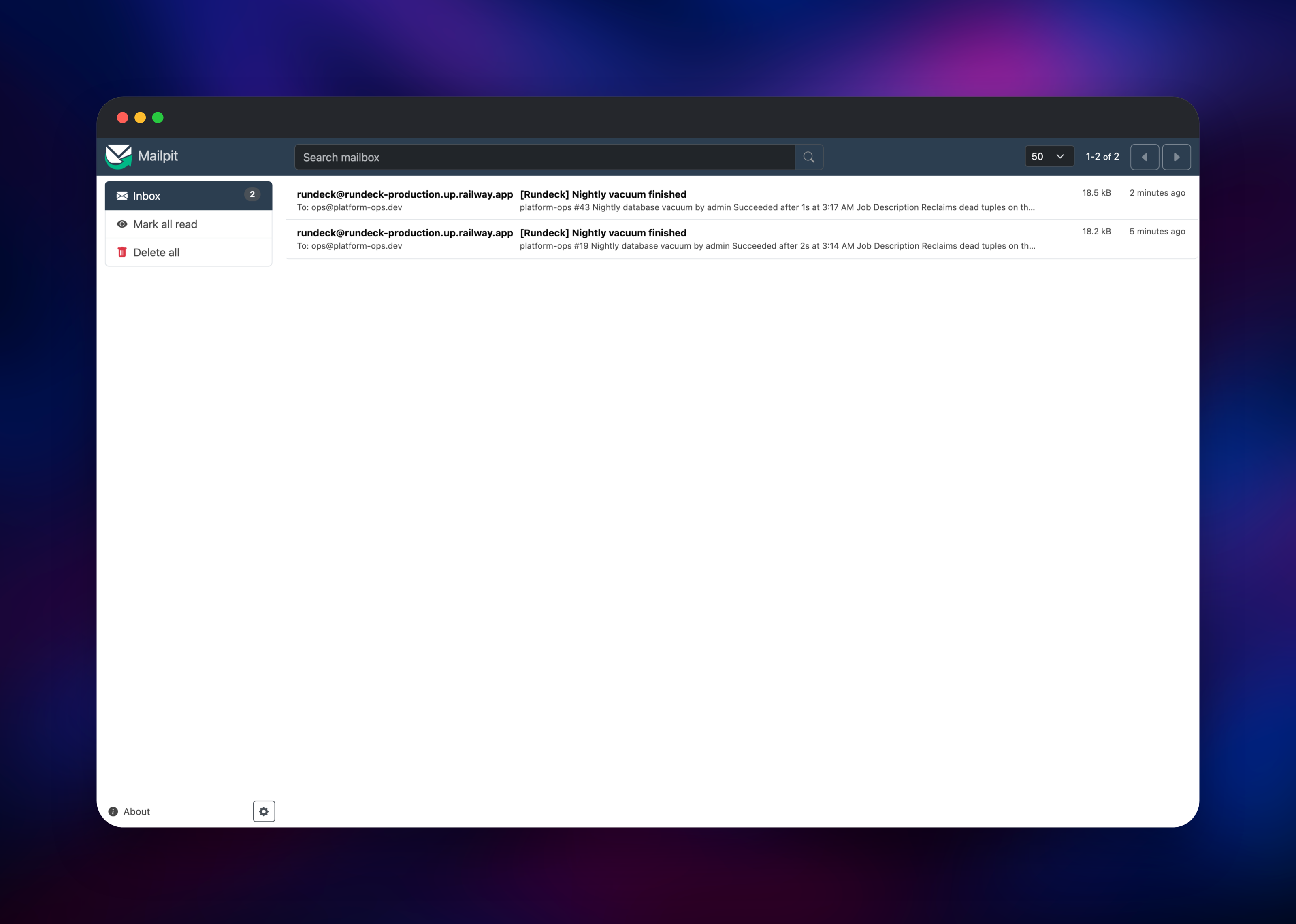 Mailpit inbox holding two Rundeck job completion emails
