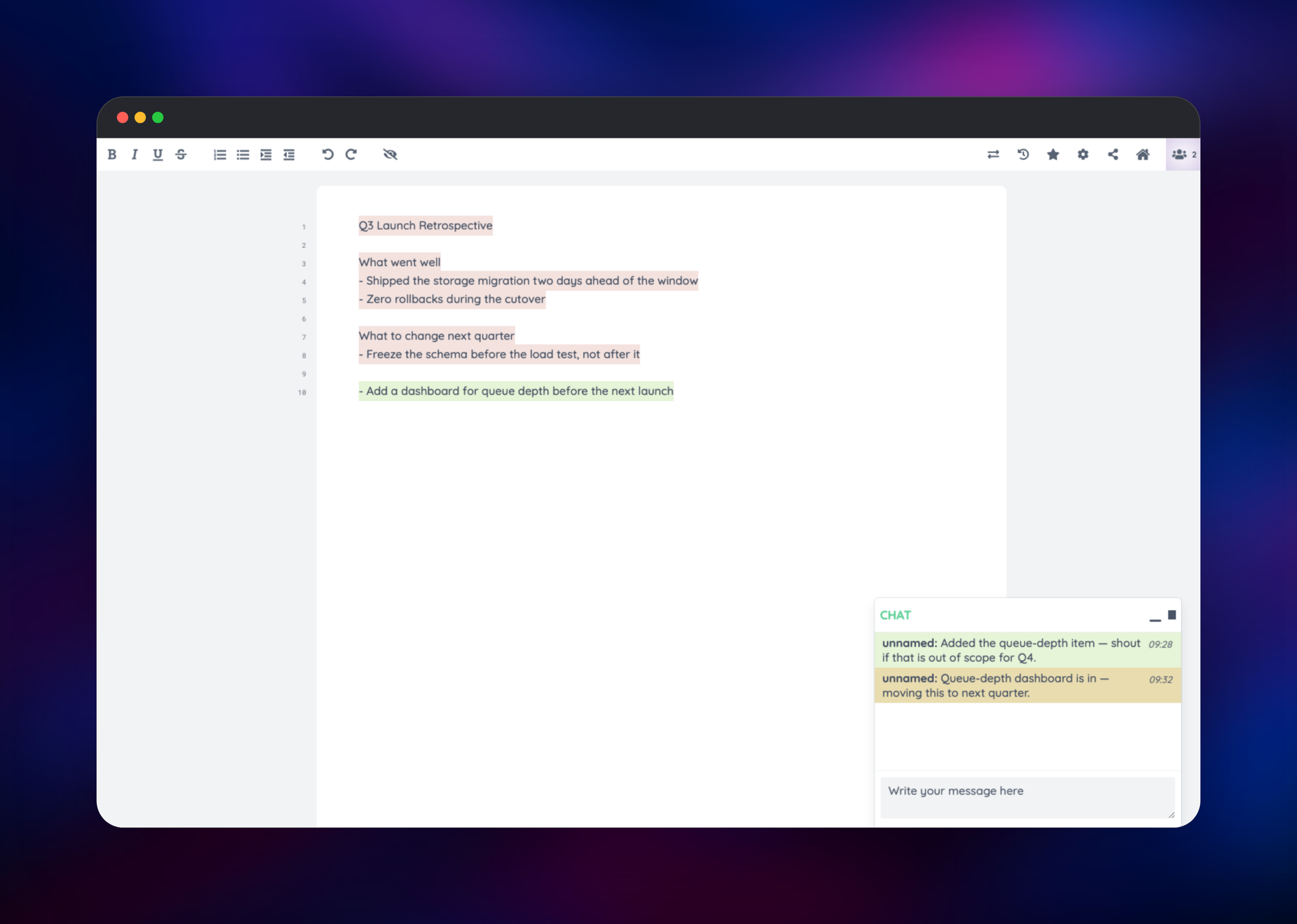 Two editors writing a retrospective pad with the chat panel open