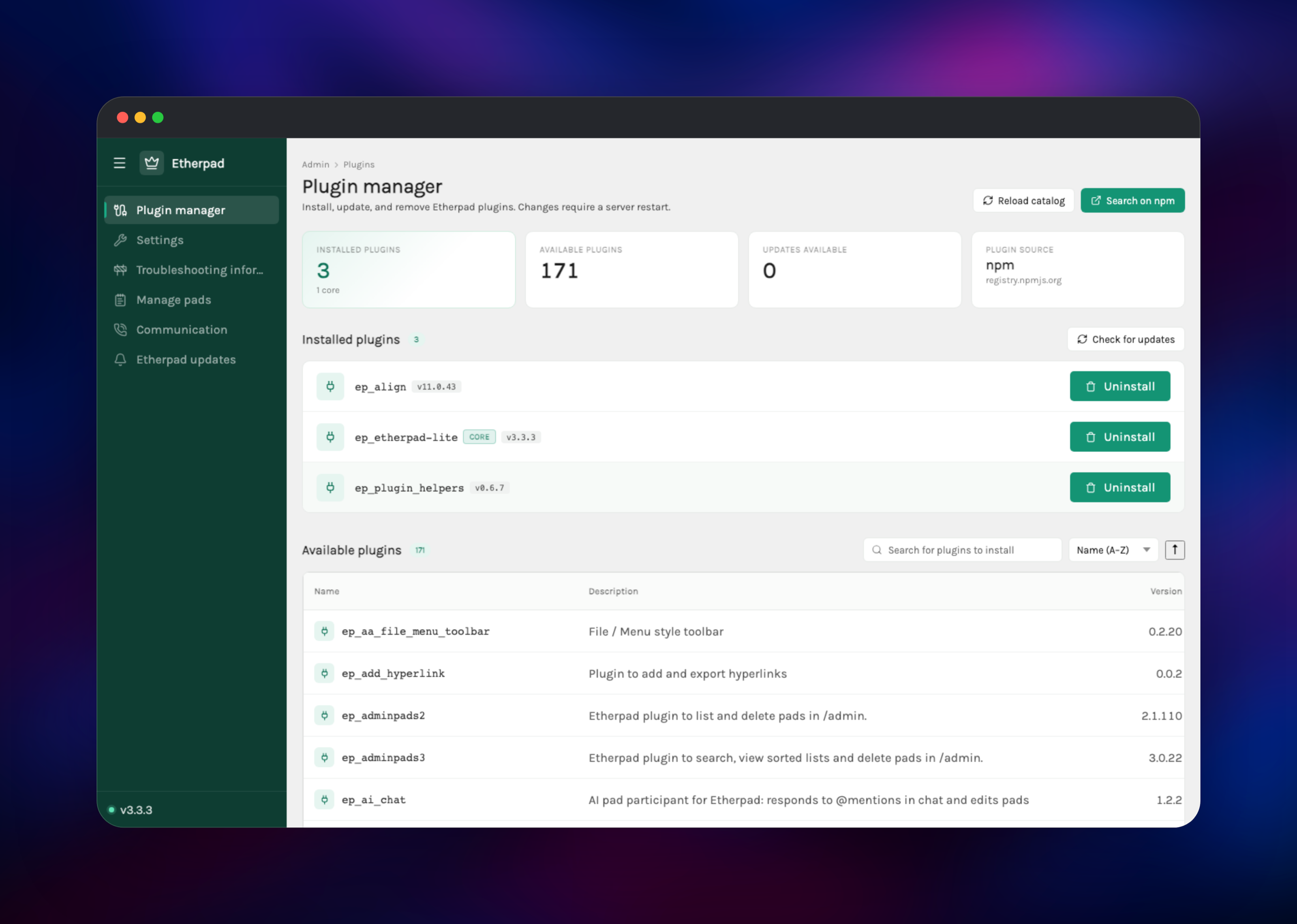 Etherpad plugin manager listing installed and available plugins