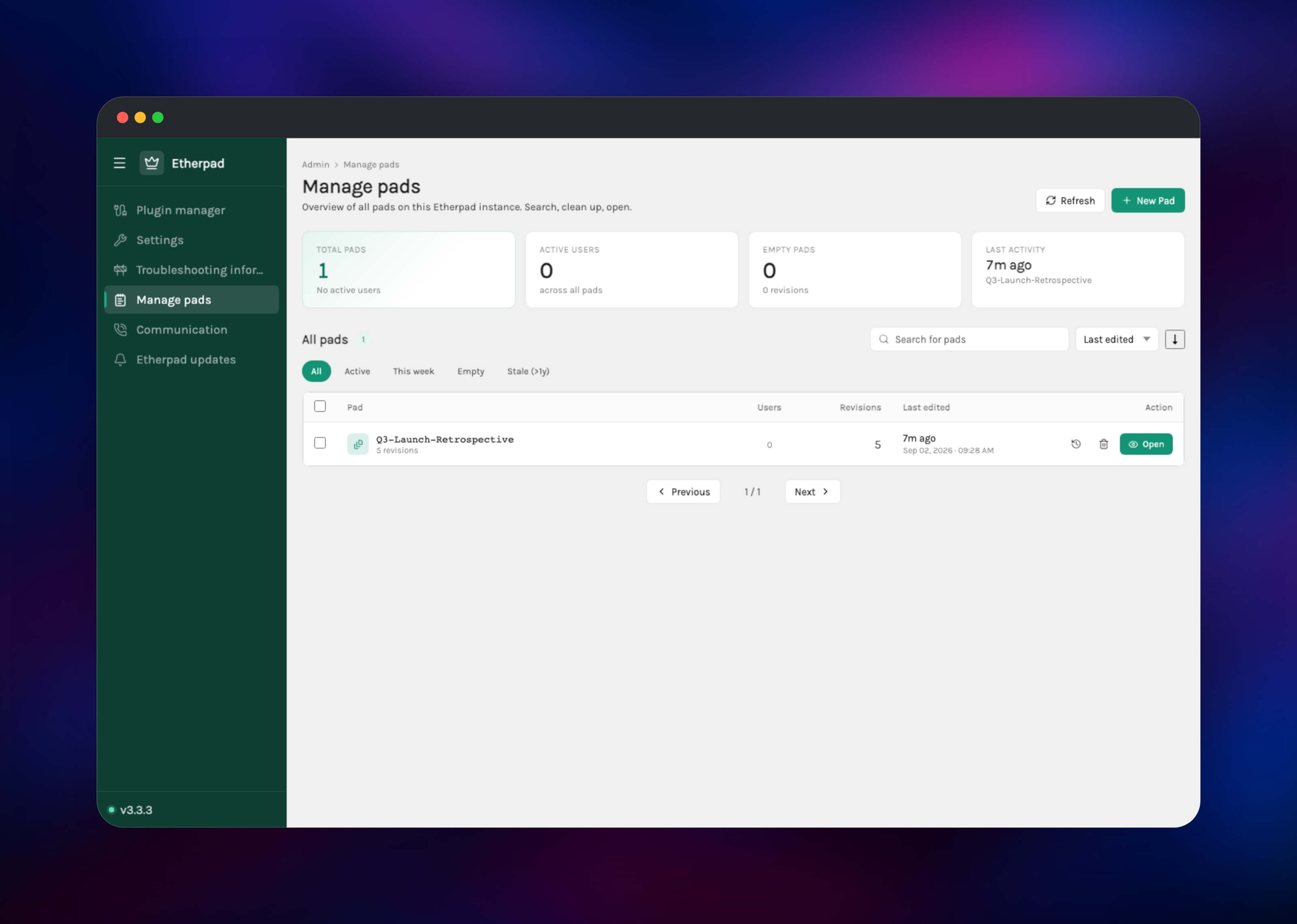 Admin pad overview showing revision counts and last activity