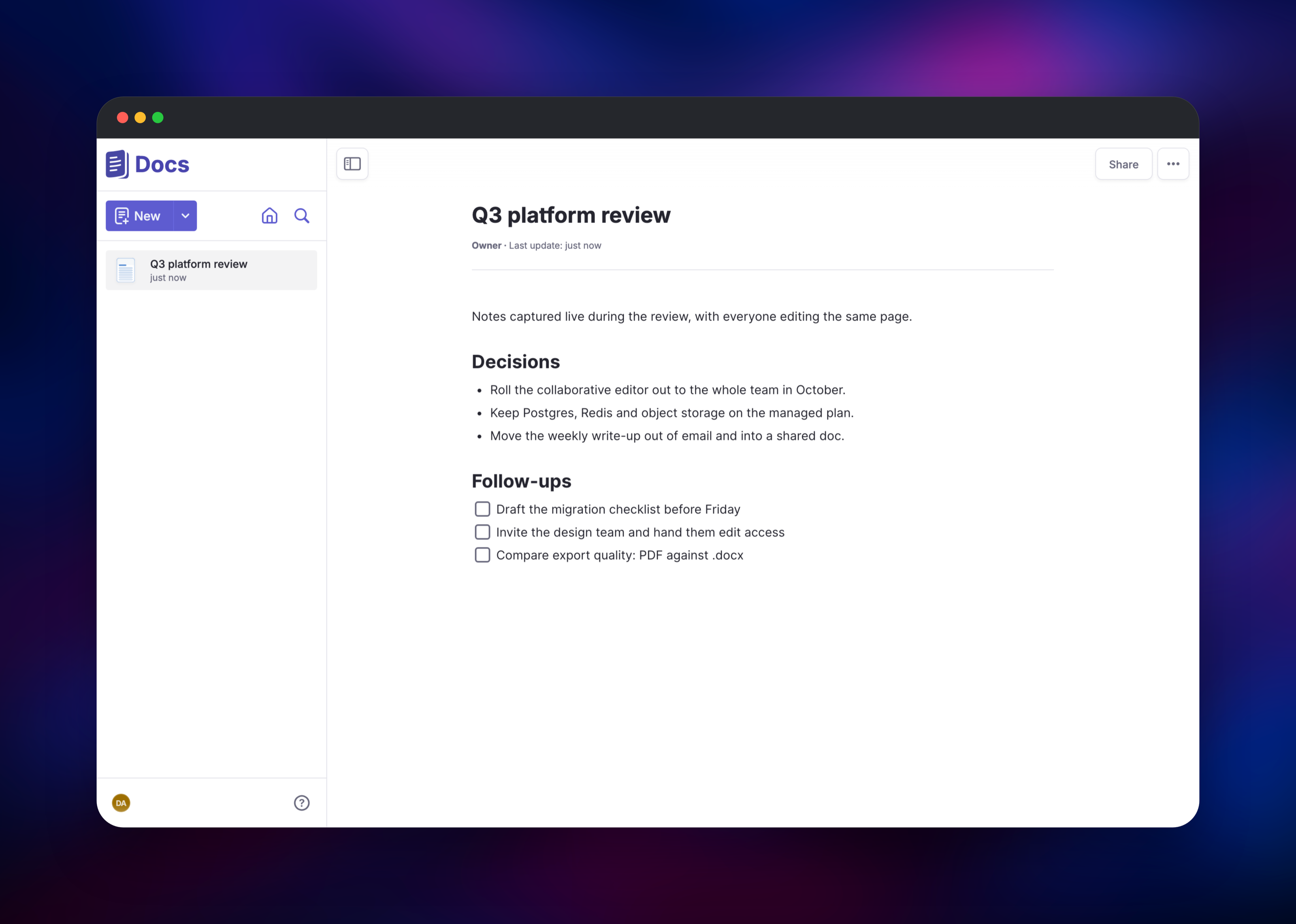 Docs editor showing a meeting note with headings and a checklist