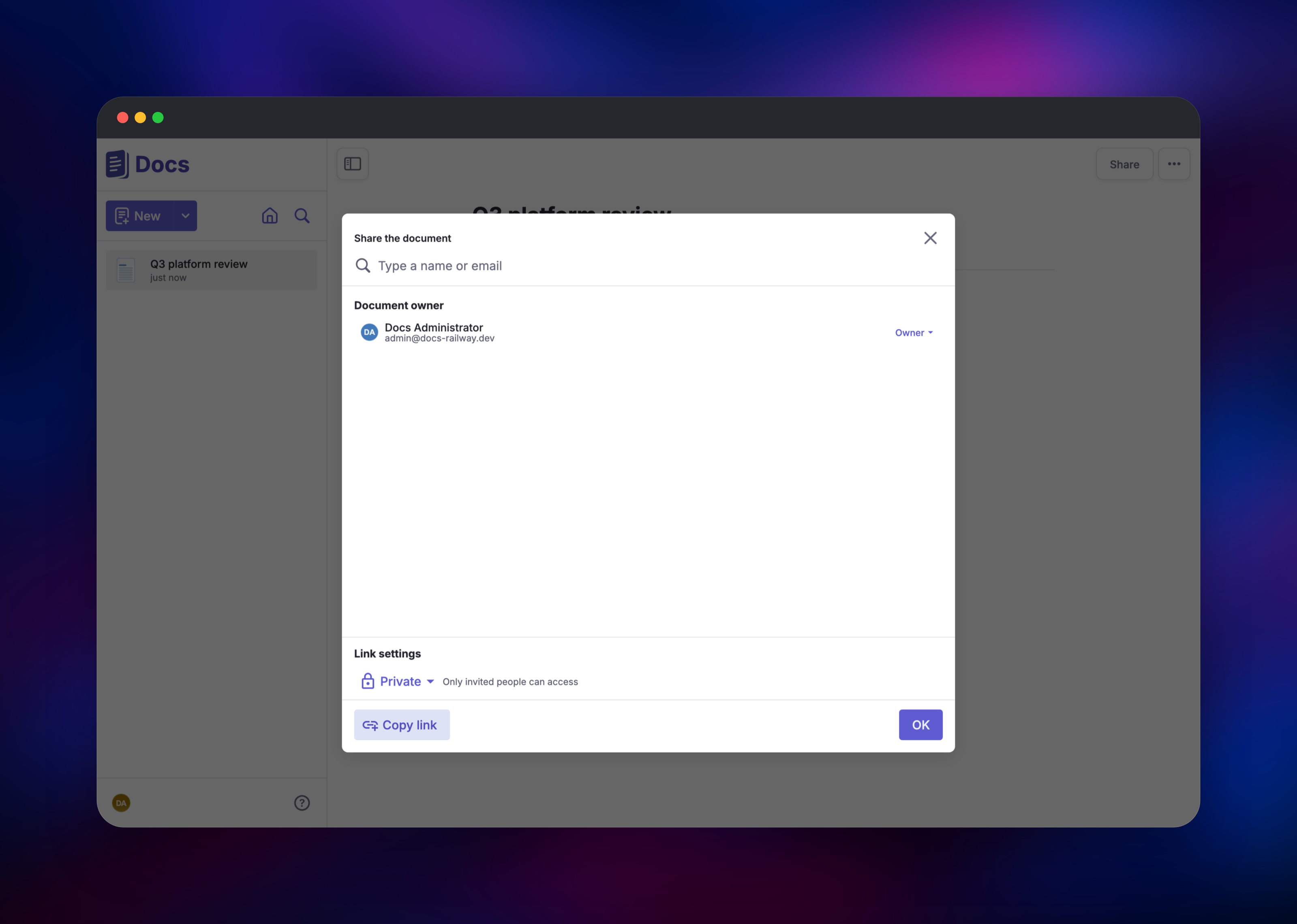 Docs share dialog listing the document owner and link settings