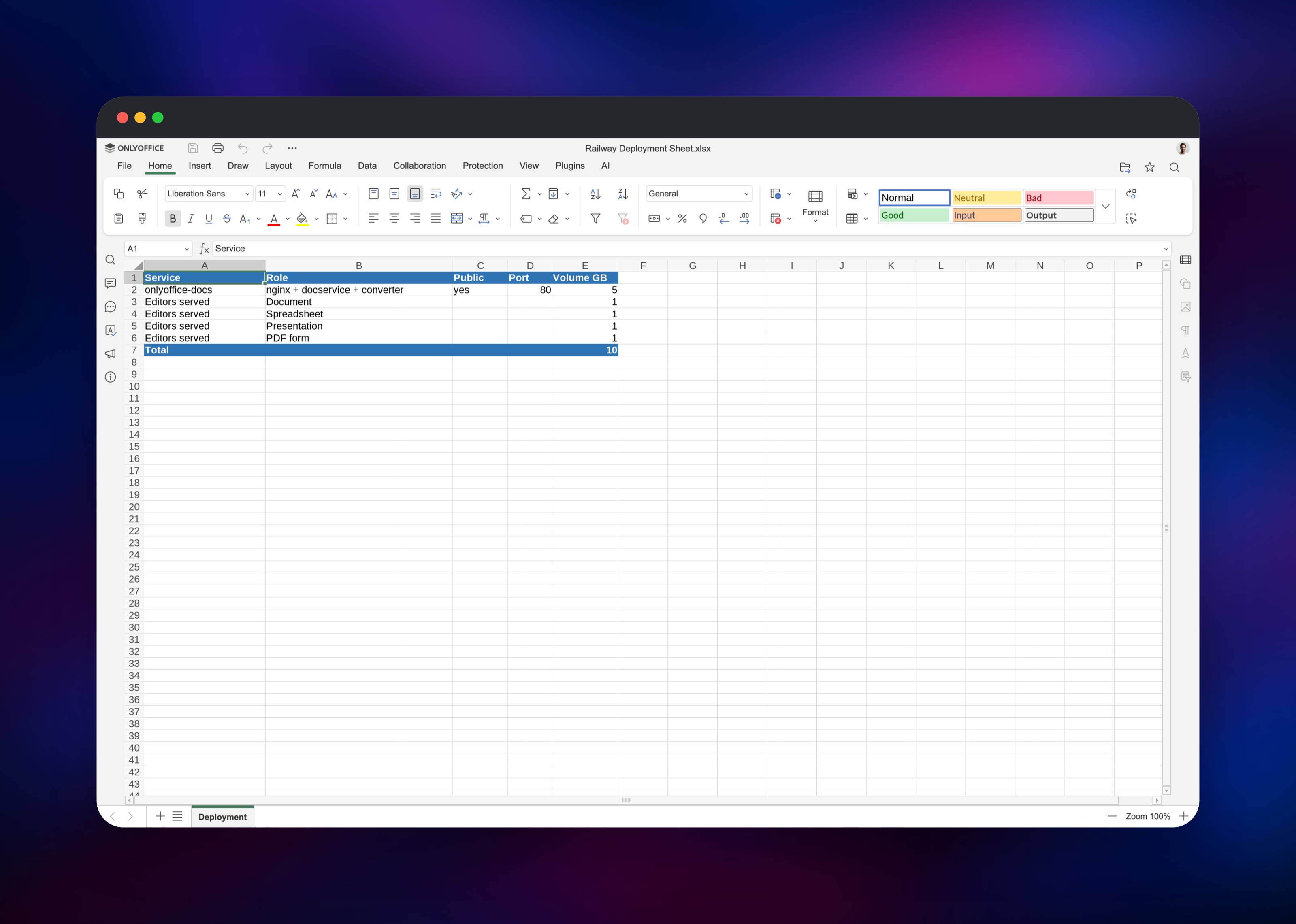 ONLYOFFICE spreadsheet with a styled header row and a SUM total