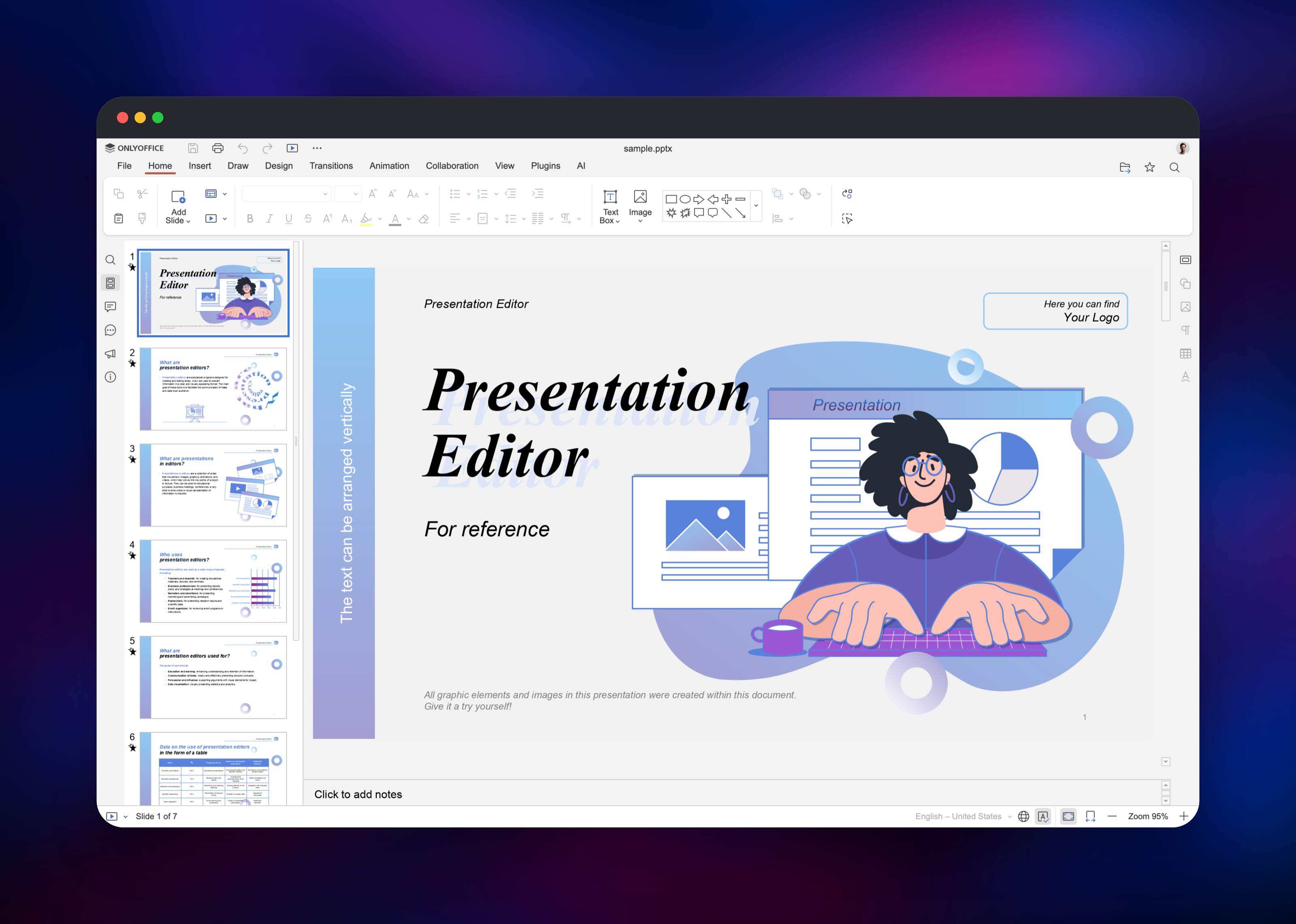 ONLYOFFICE presentation editor with a seven-slide deck open