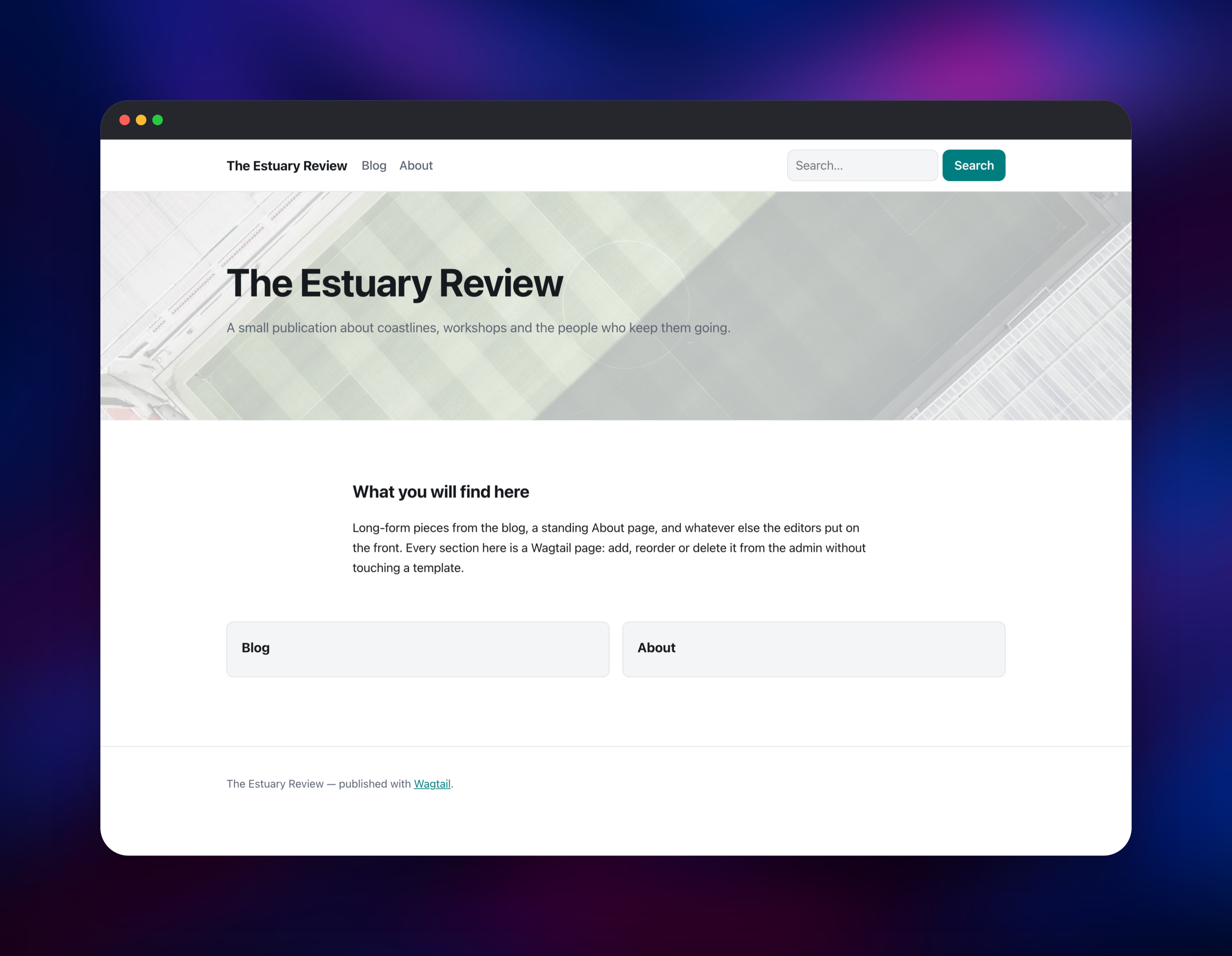 Wagtail home page with a hero image and an editable content section