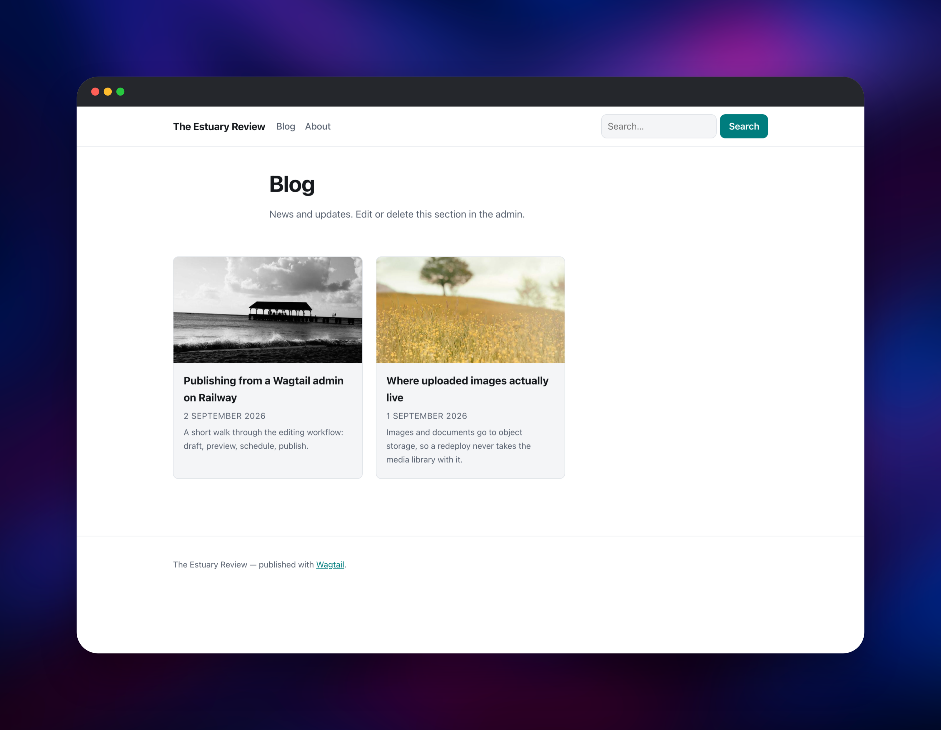 Wagtail blog index listing two illustrated posts with dates