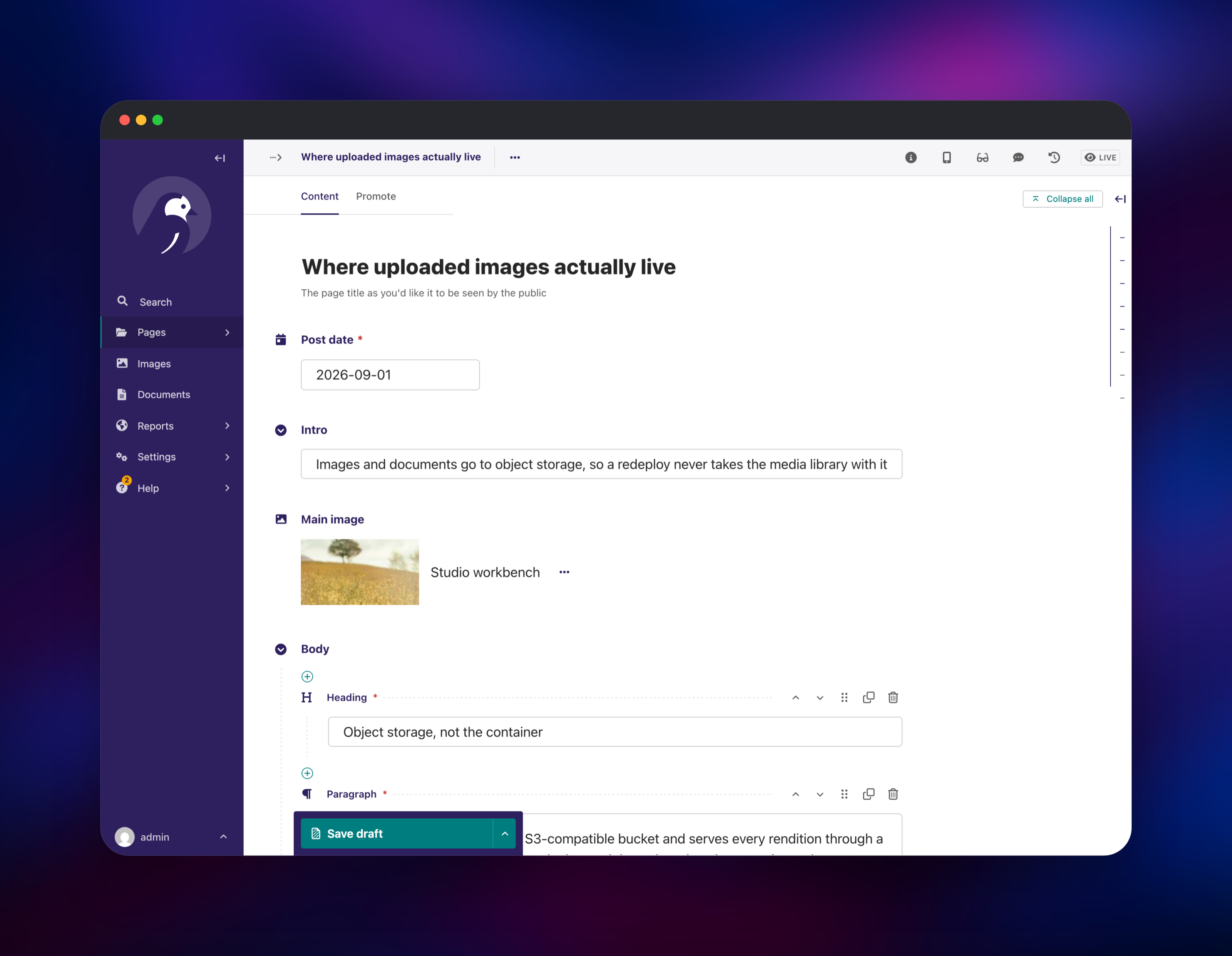 Wagtail admin editing a blog post with StreamField heading and paragraph blocks