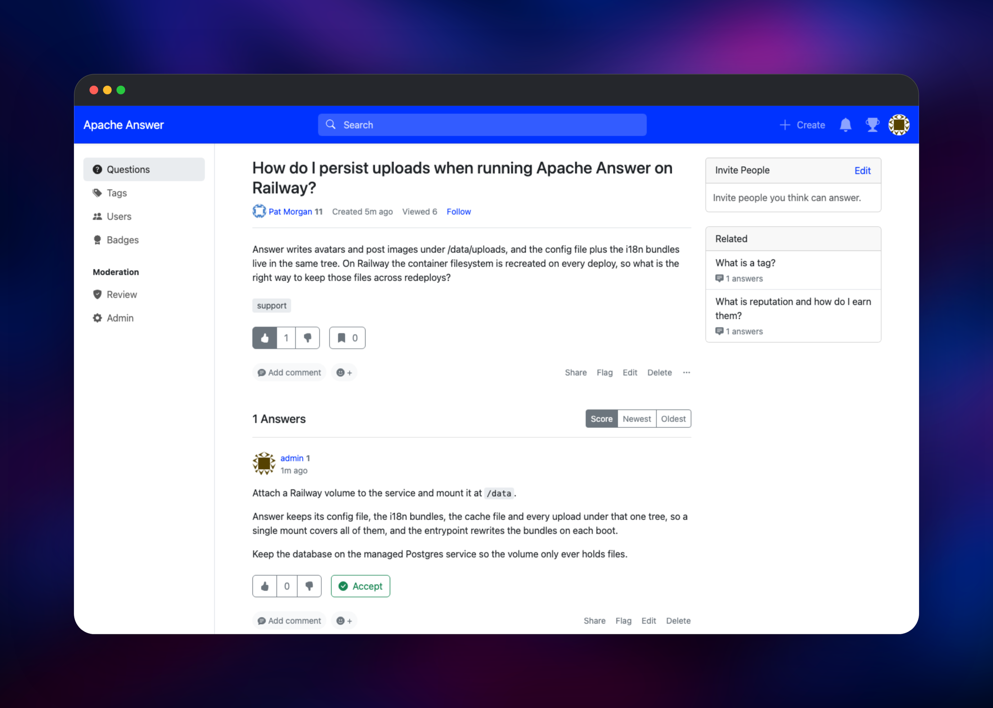 Apache Answer question thread with an upvoted answer