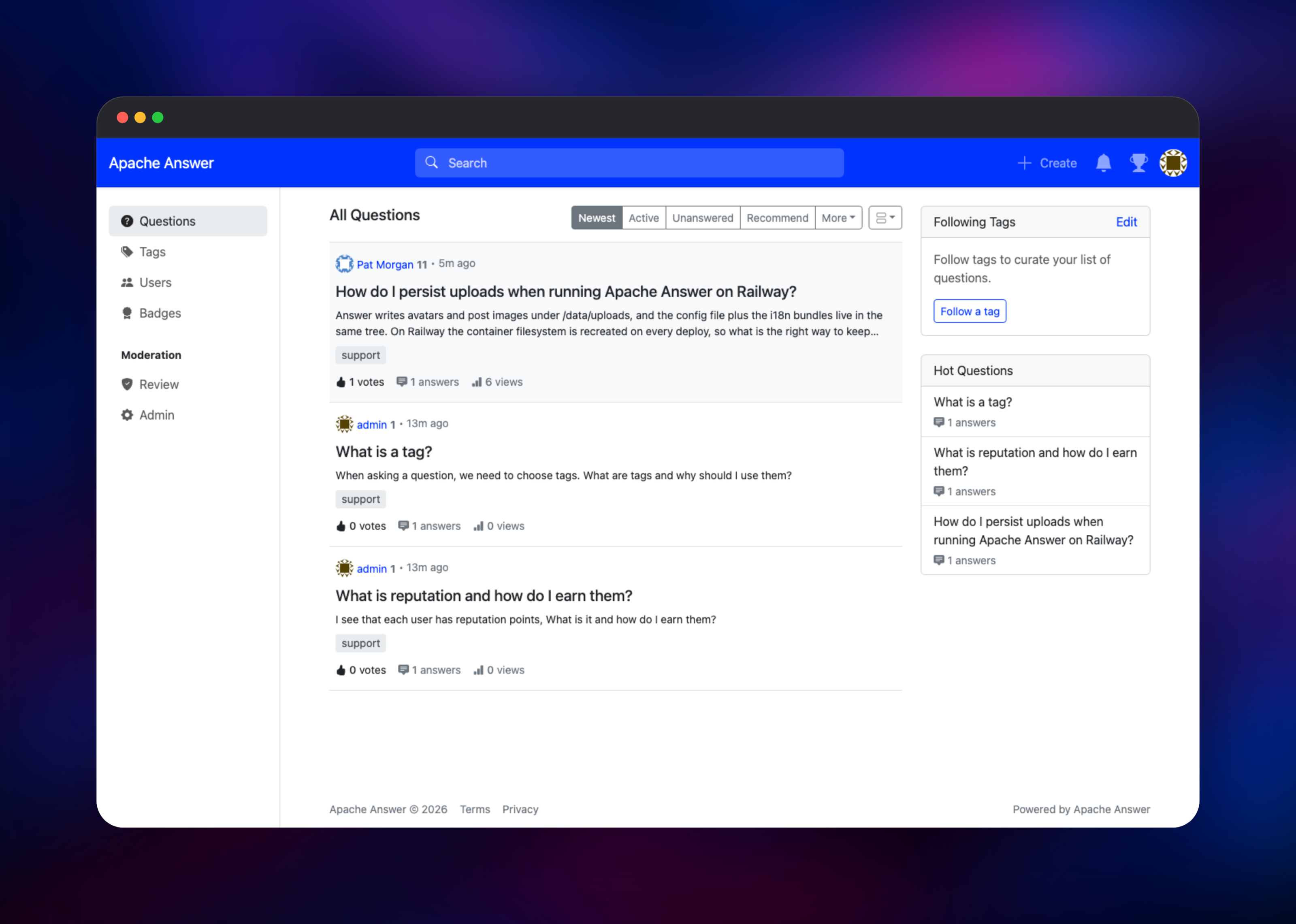 Apache Answer list of community questions and tags