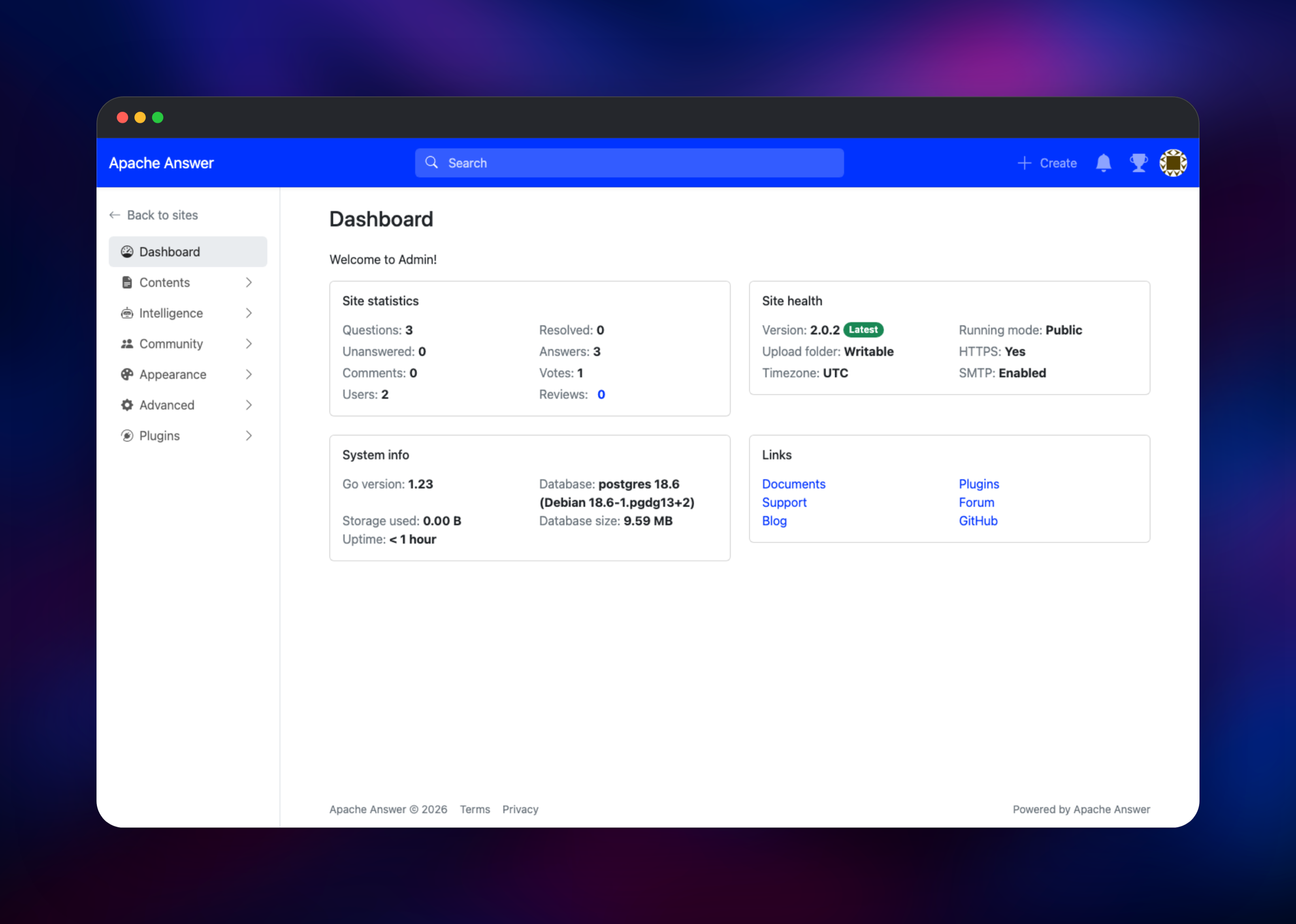 Apache Answer admin dashboard showing site statistics and health