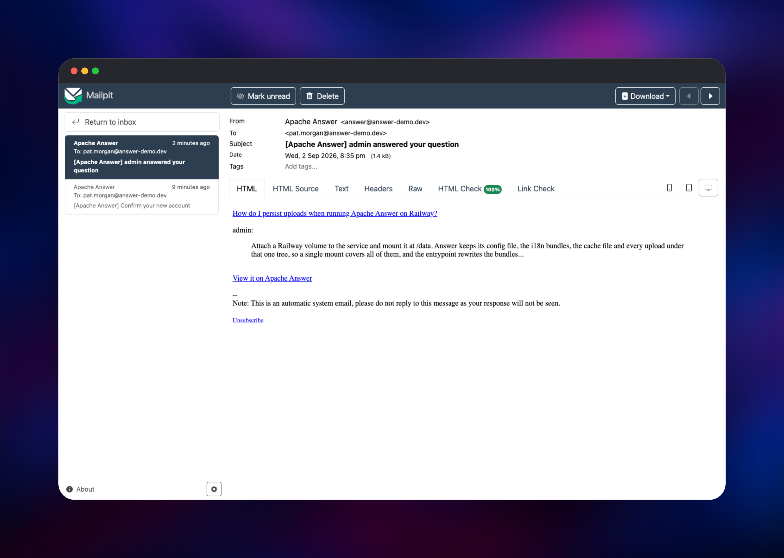 Mailpit inbox holding Apache Answer notification email