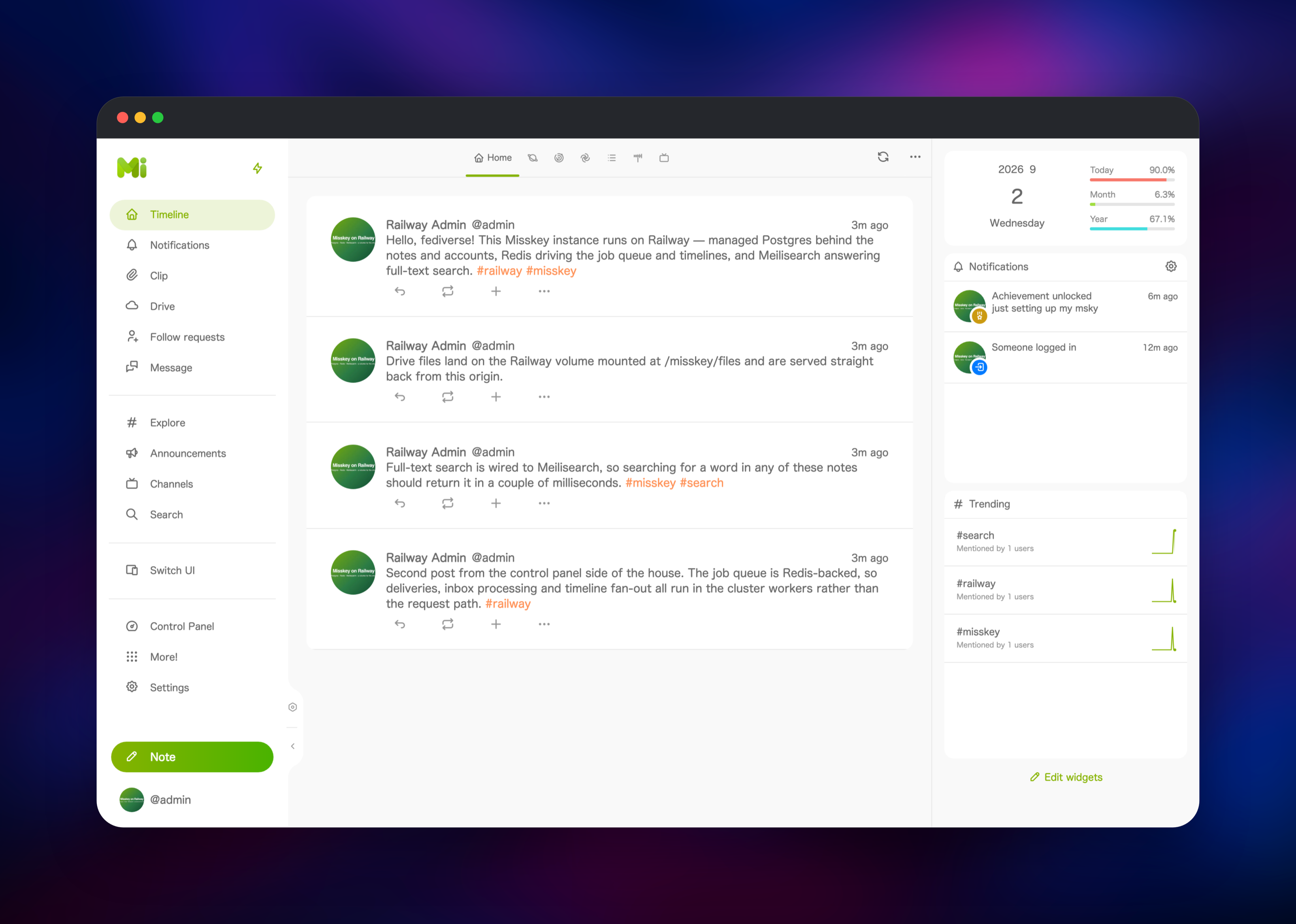 Misskey home timeline showing four notes and trending hashtags