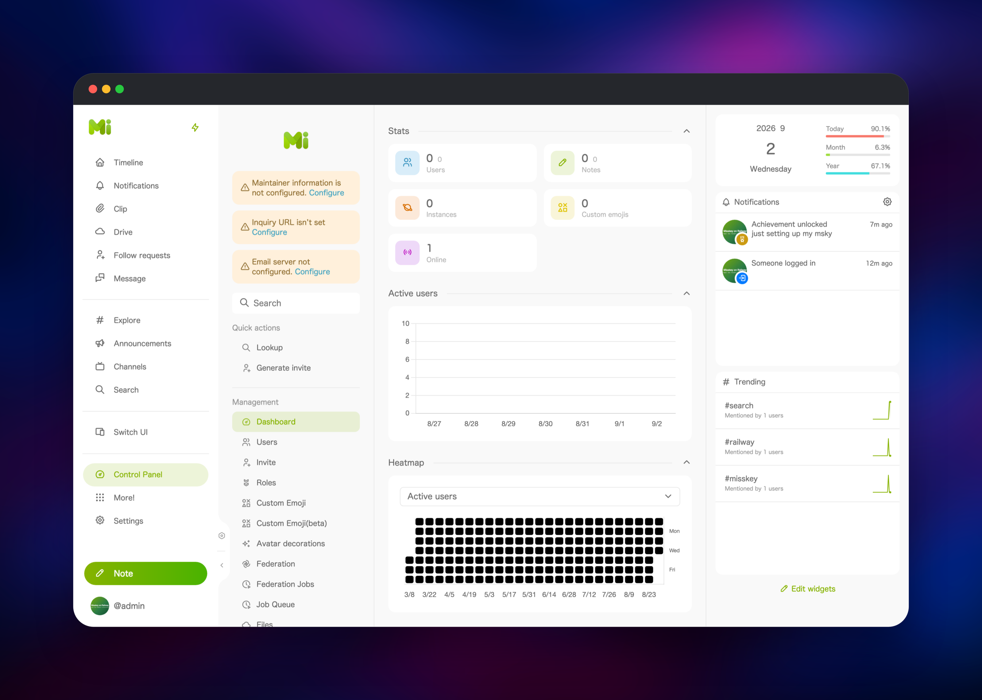 Misskey control panel dashboard with instance stats and management menu