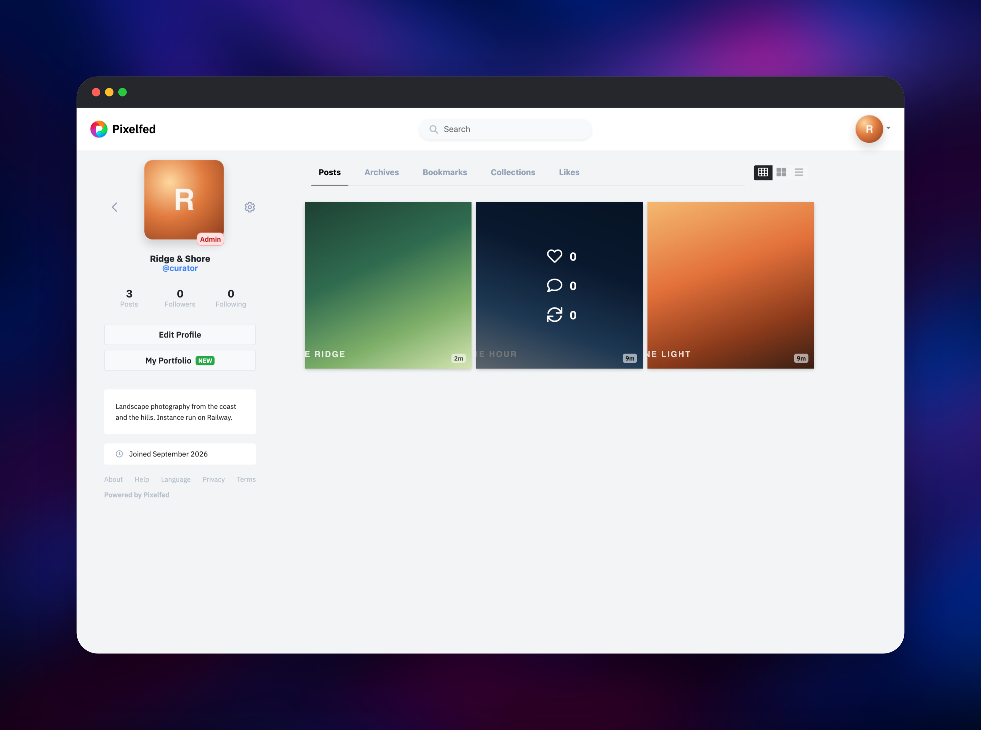 Pixelfed profile page with a three-photo grid and bio