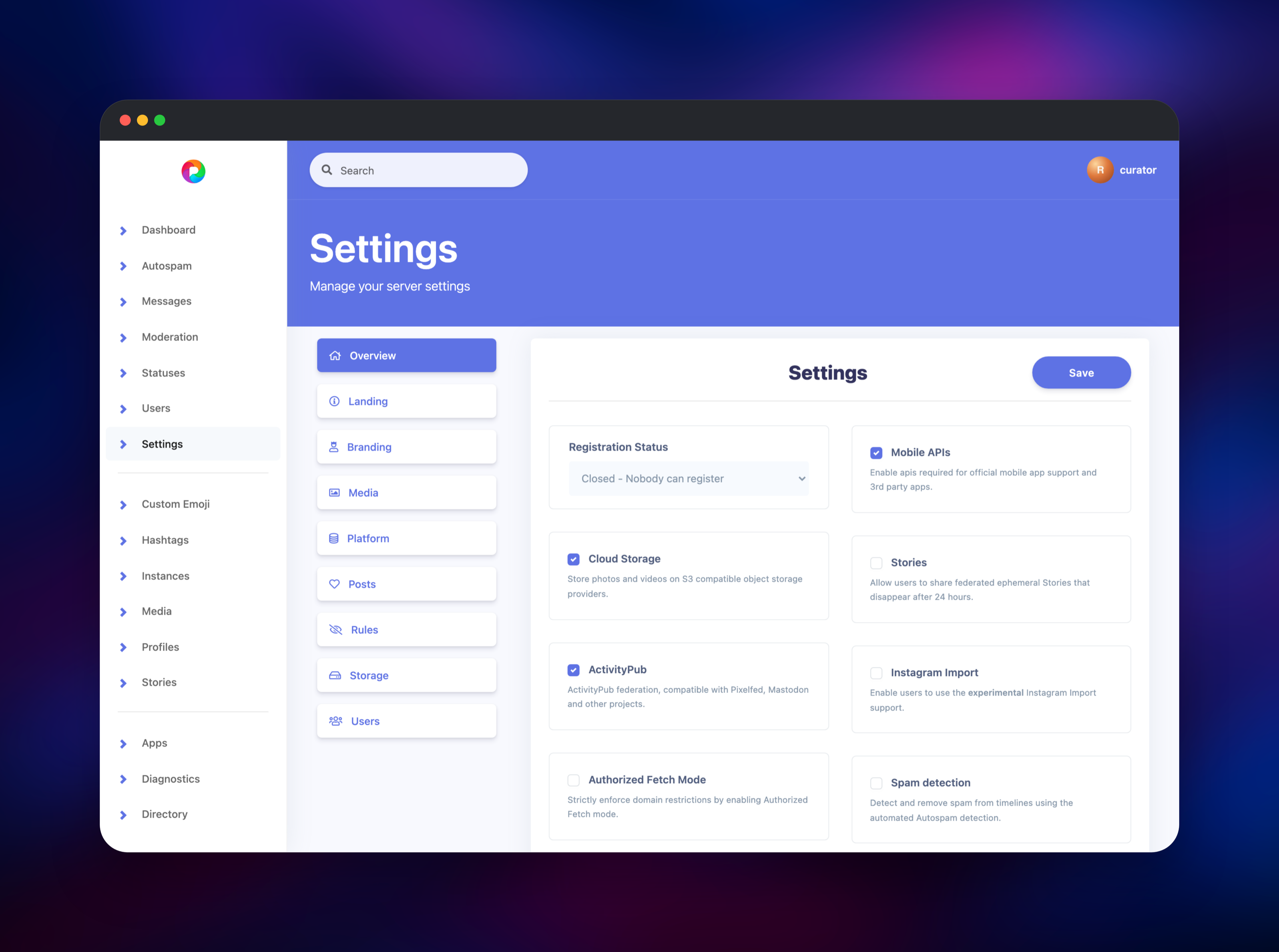 Pixelfed admin settings with cloud storage and ActivityPub enabled