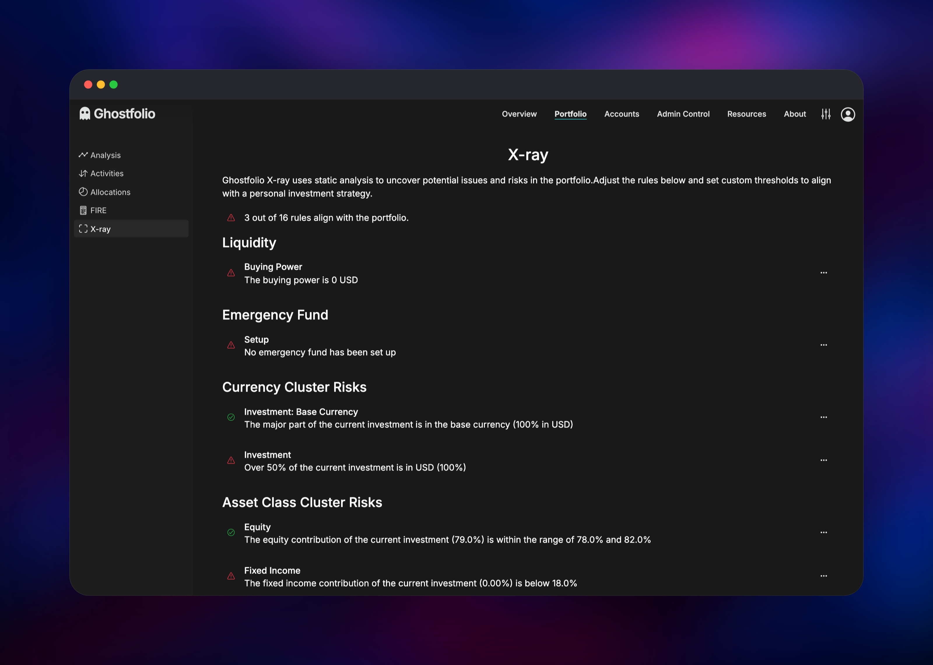 Ghostfolio X-ray flagging liquidity and cluster risk rules
