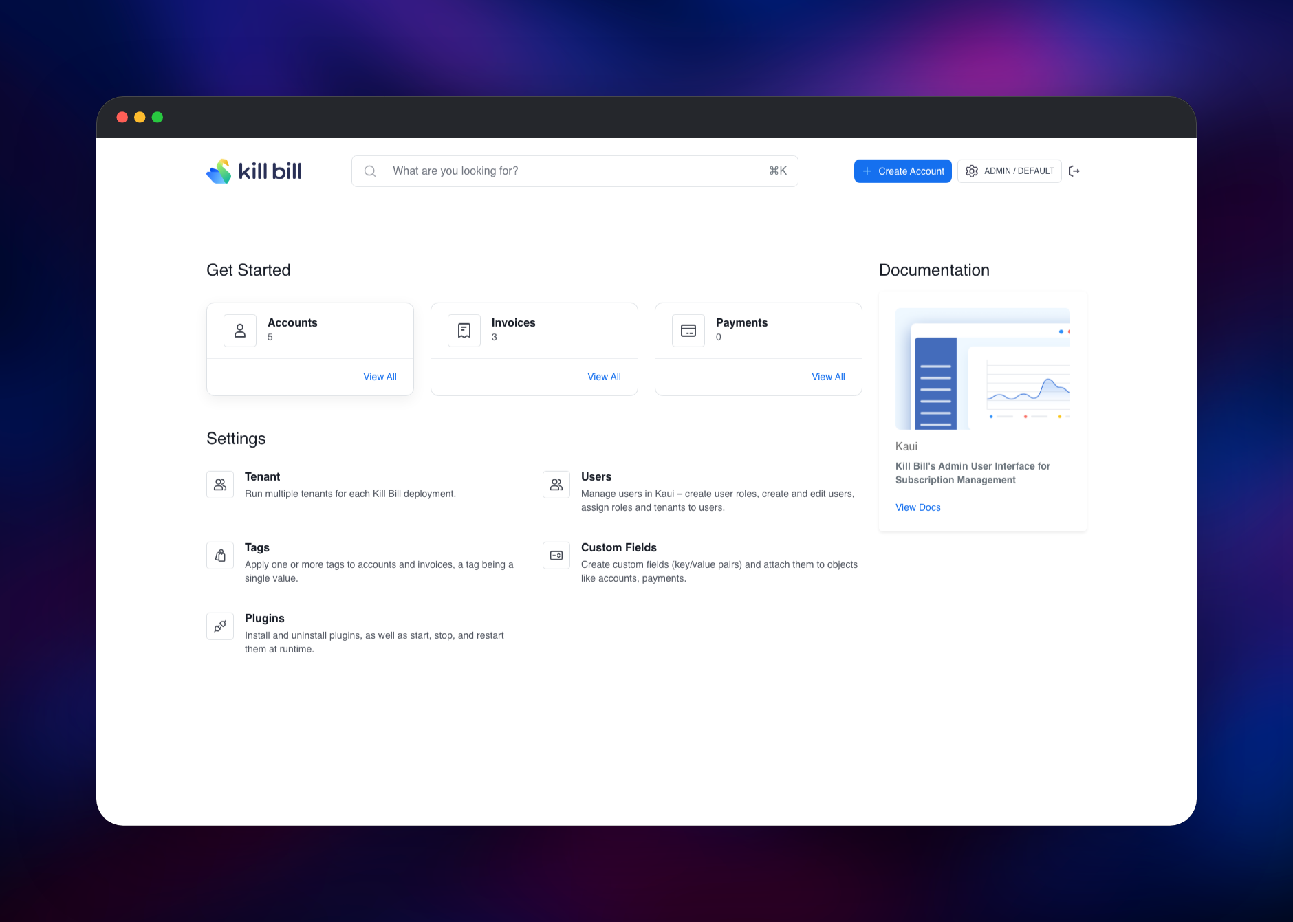 Kaui dashboard counting five accounts and three invoices